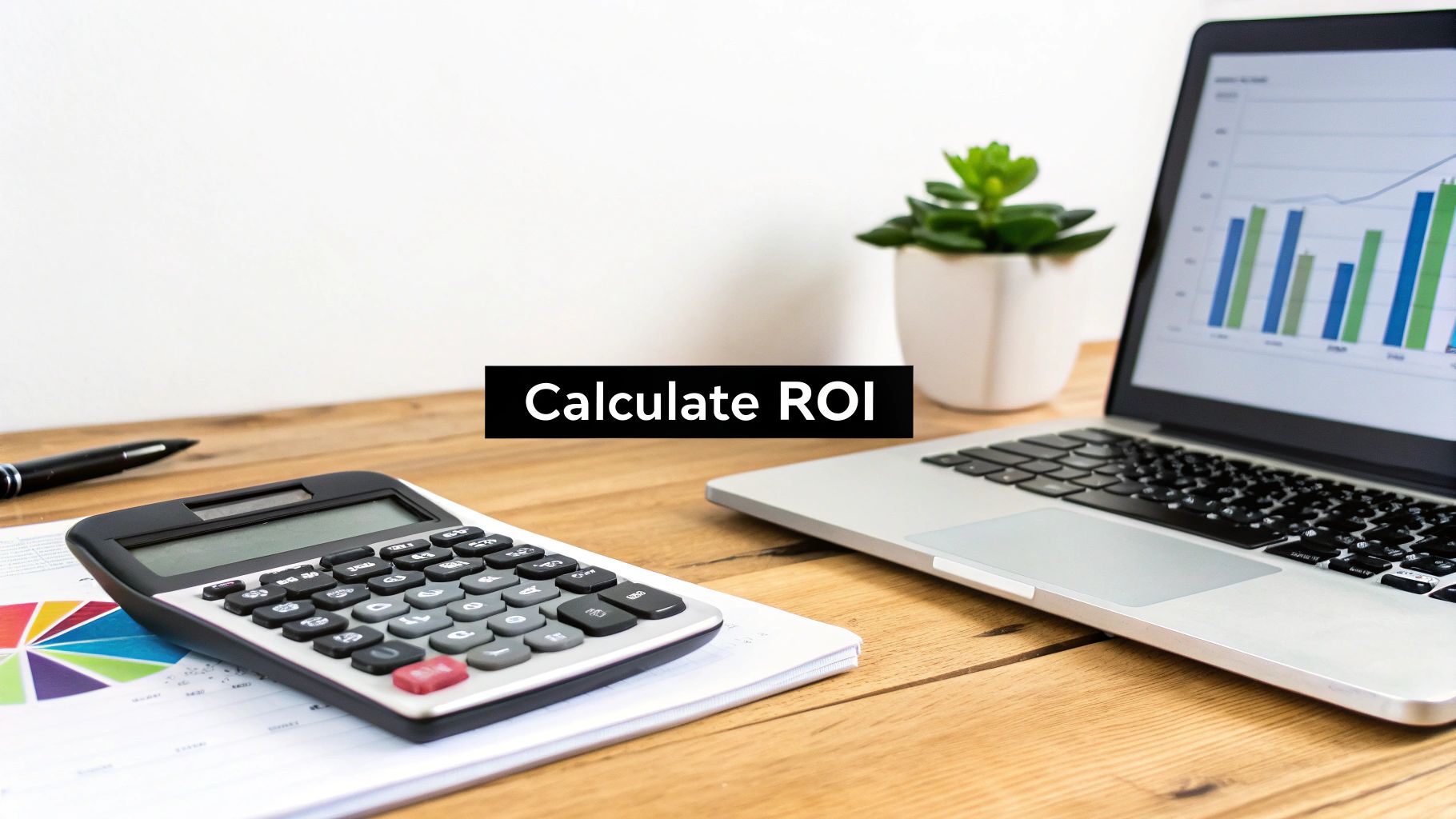 A calculator, laptop displaying financial charts, and a pen on a wooden desk with 'Calculate ROI' text. This is a key step in how to calculate marketing ROI.