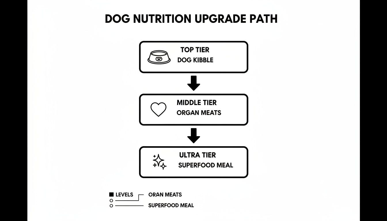 A flowchart illustrating the dog nutrition upgrade path from kibble to organ meats and superfood meals.