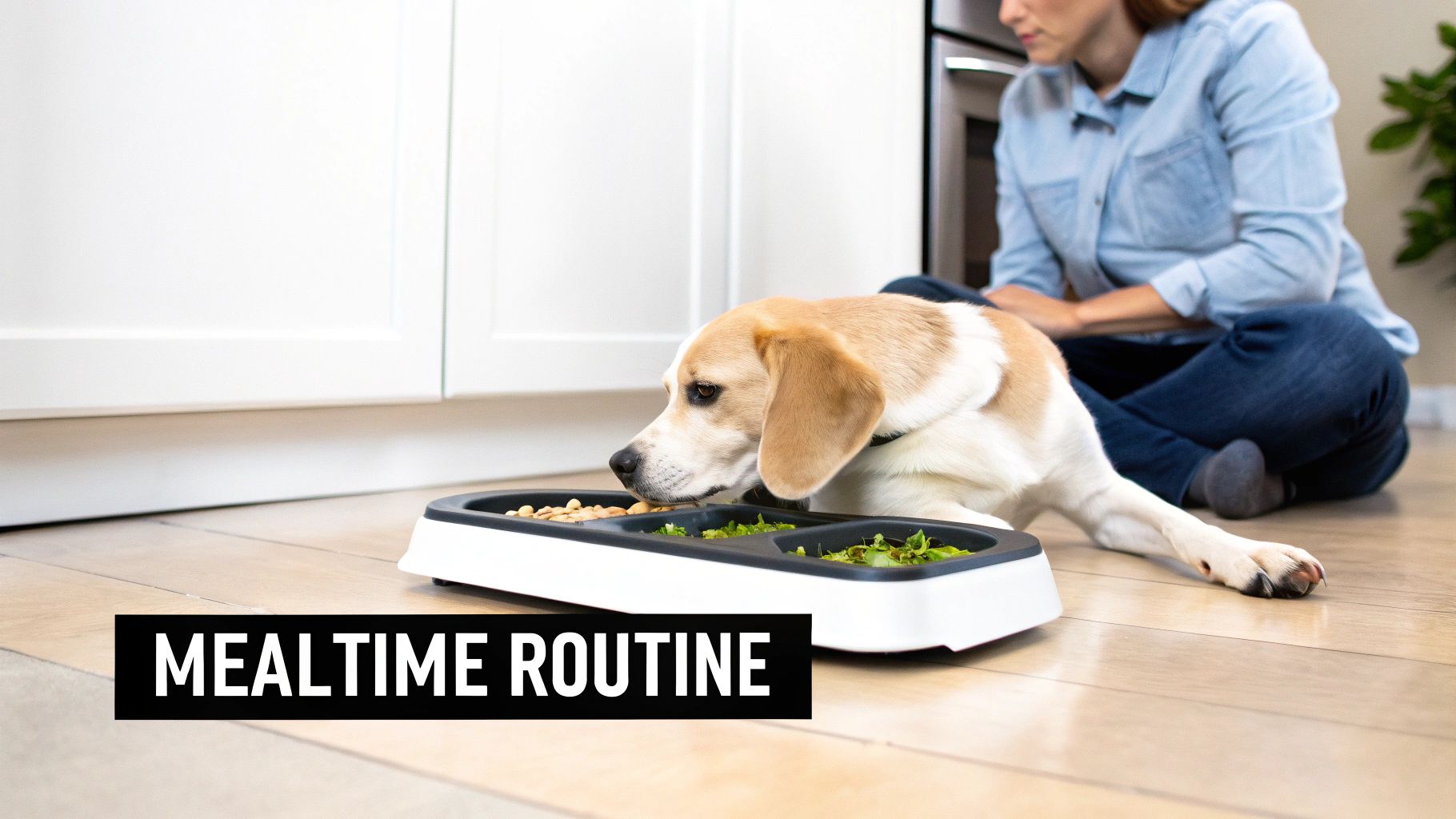 A beagle dog eats from a multi-compartment food bowl on a wooden floor, with an owner nearby.