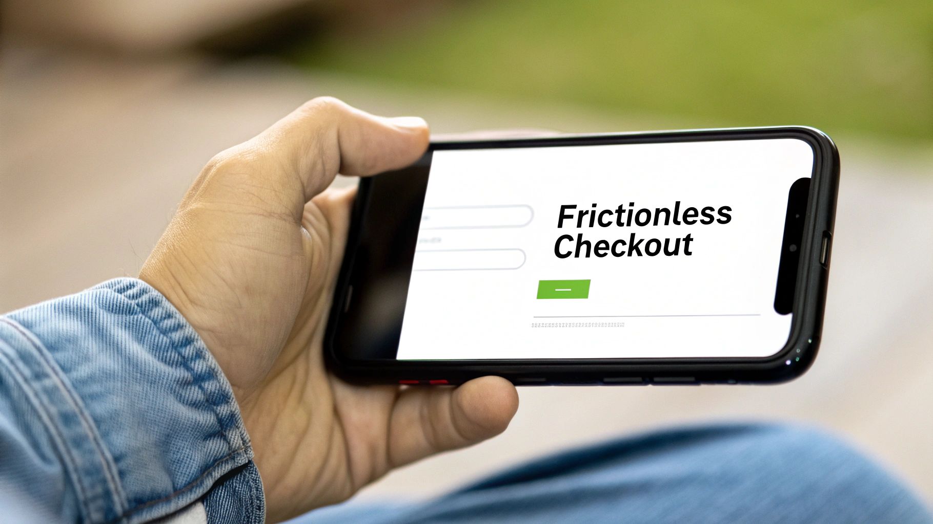 A person holds a smartphone displaying a frictionless checkout screen, demonstrating how to increase ecommerce conversion rate on mobile.