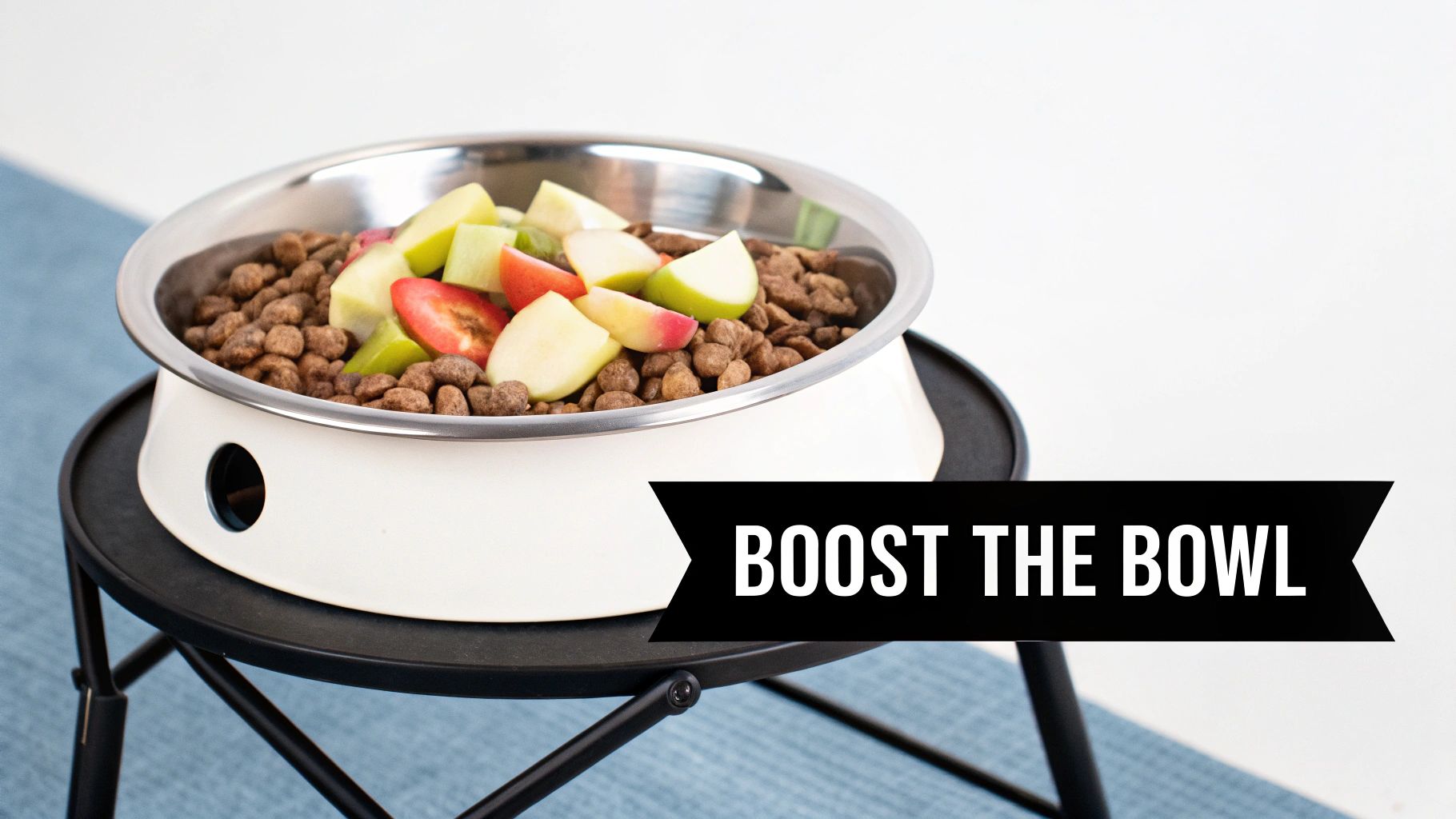 A dog bowl filled with dry kibble and fresh sliced apples sits on a black elevated stand.