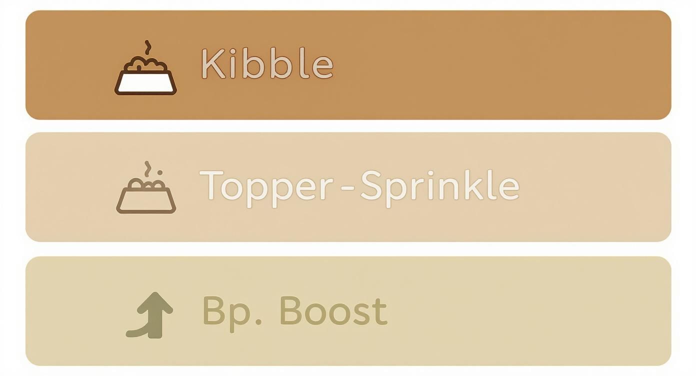 Three pet food option labels: Kibble, Topper-Sprinkle, and Bp. Boost with icons, showing how a topper enhances a meal.