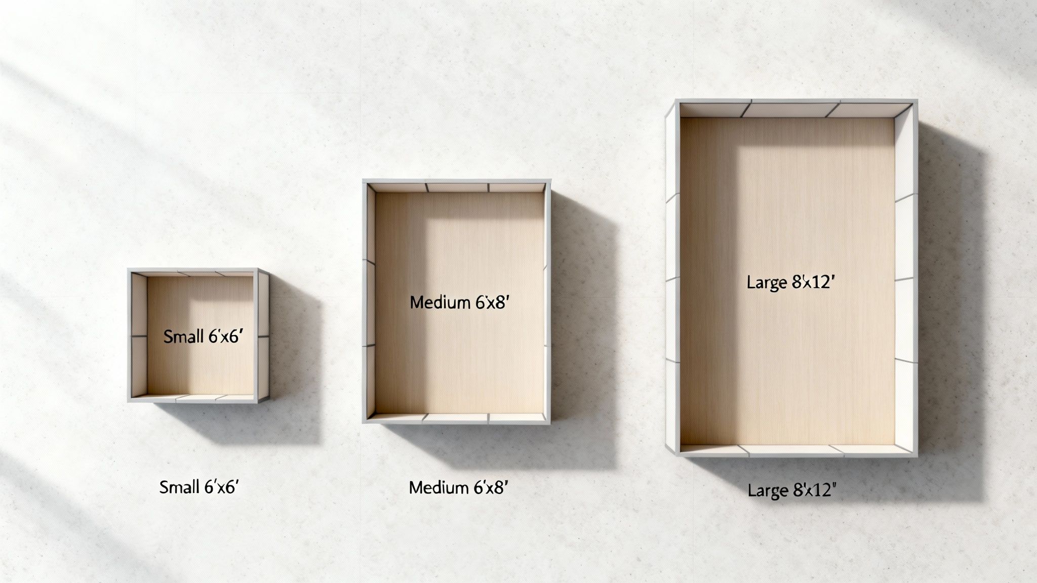 Three storage cubicles of different sizes: Small (6'x6'), Medium (6'x8'), and Large (8'x12').