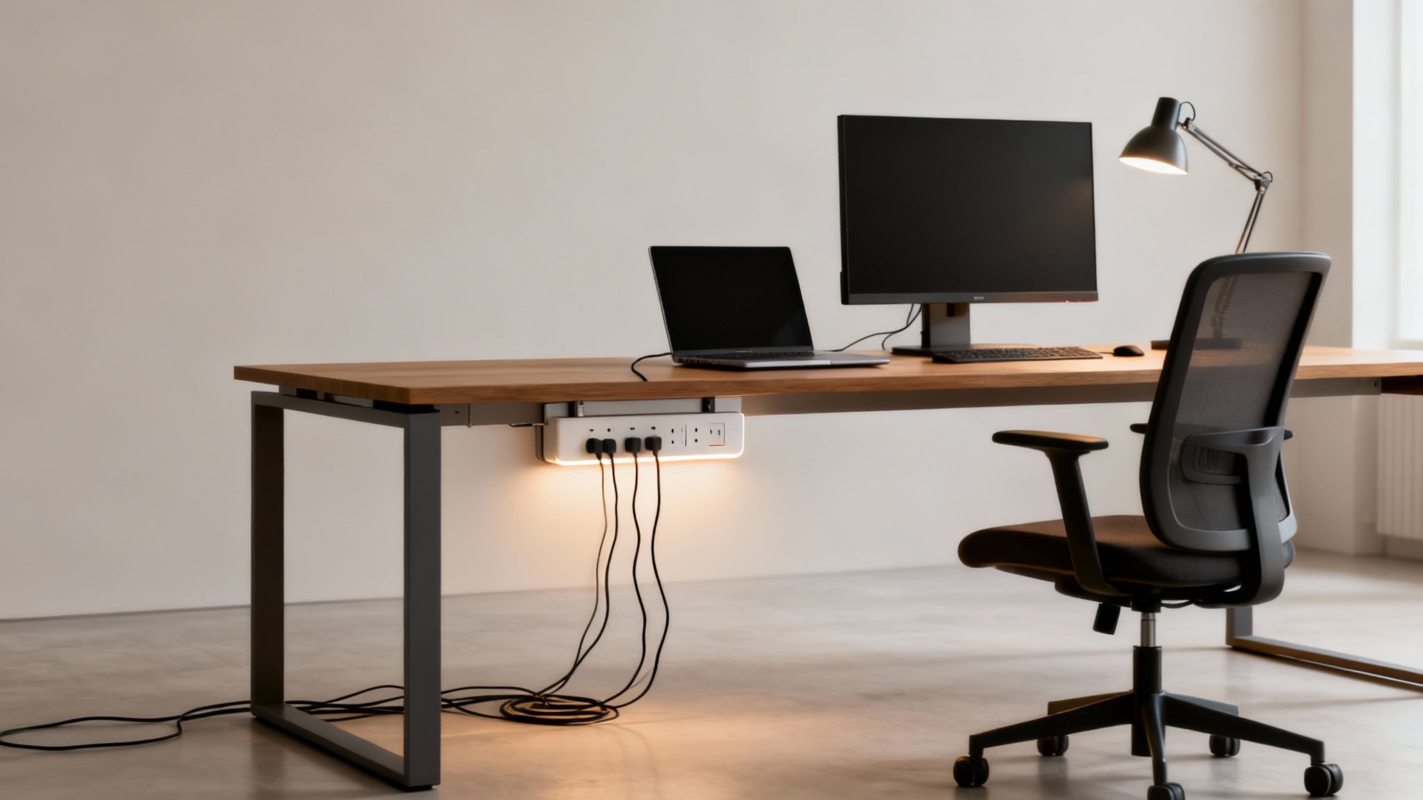 A neat office setup featuring a wooden desk, laptop, monitor, and an illuminated under desk power strip mounted underneath.