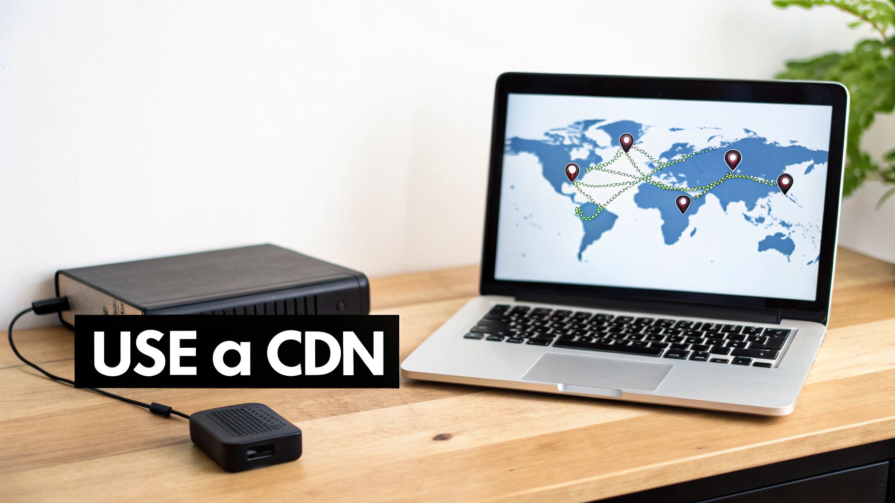A laptop showing a world map with CDN points, explaining how to improve website speed with a CDN.