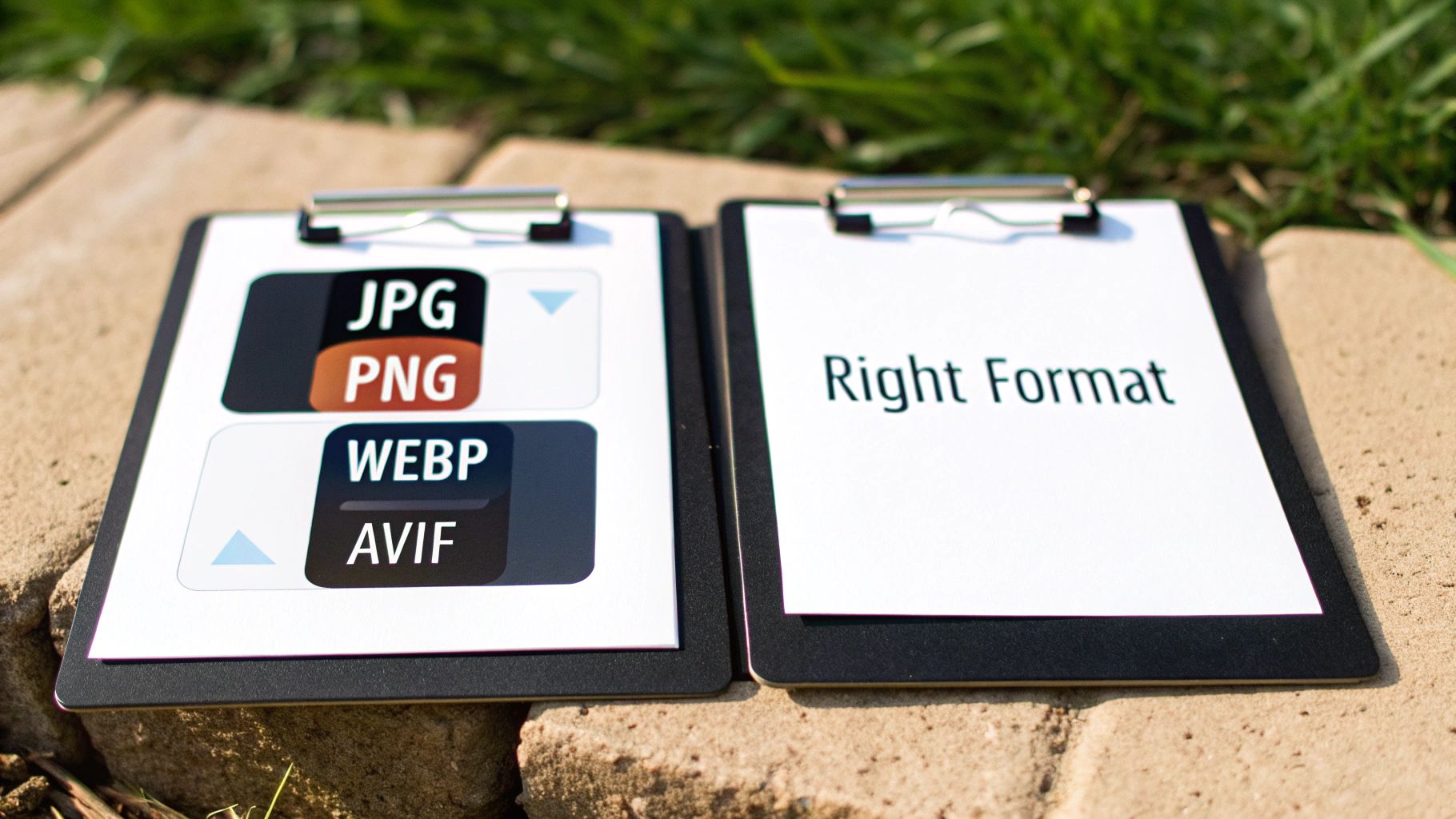 Two clipboards display image format options like JPG, PNG, WEBP, AVIF, and the phrase 'Right Format' for web optimization.