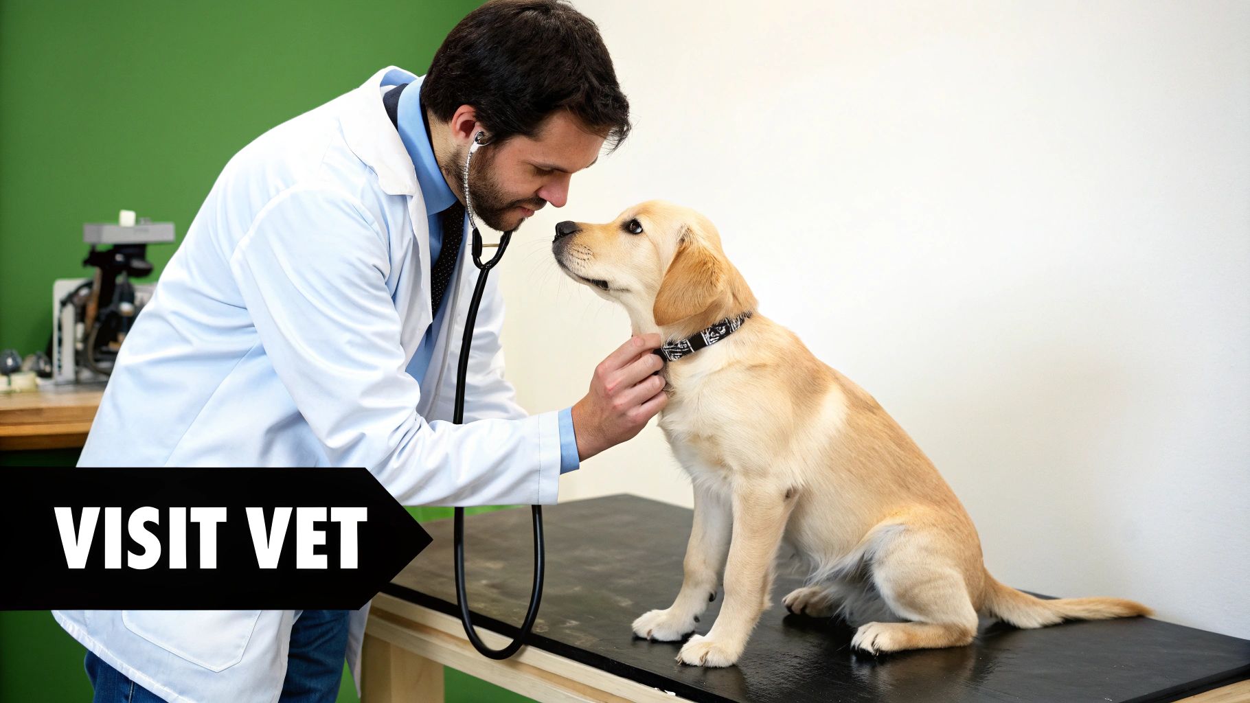 A veterinarian checking a golden retriever's teeth.