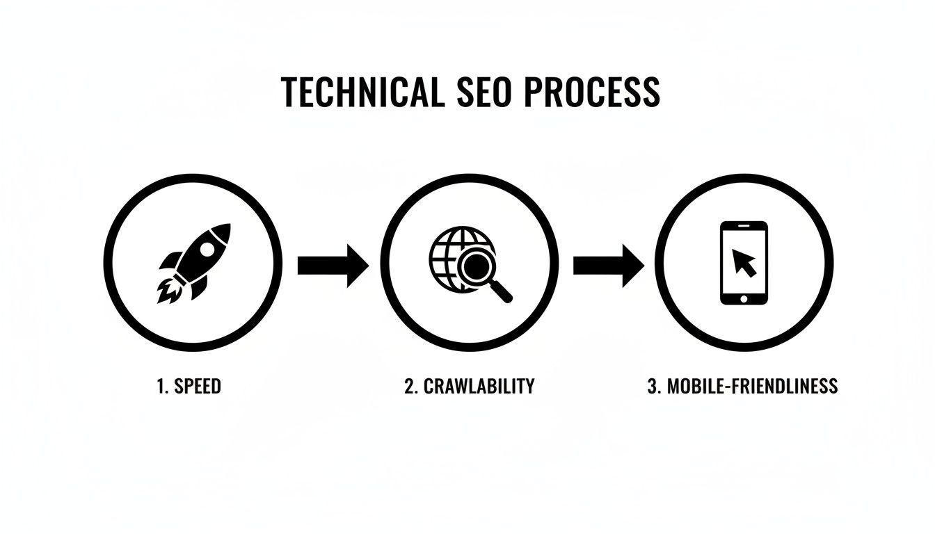 Diagram illustrating the technical SEO process of landing page optimization, highlighting speed, crawlability, and mobile-friendliness.