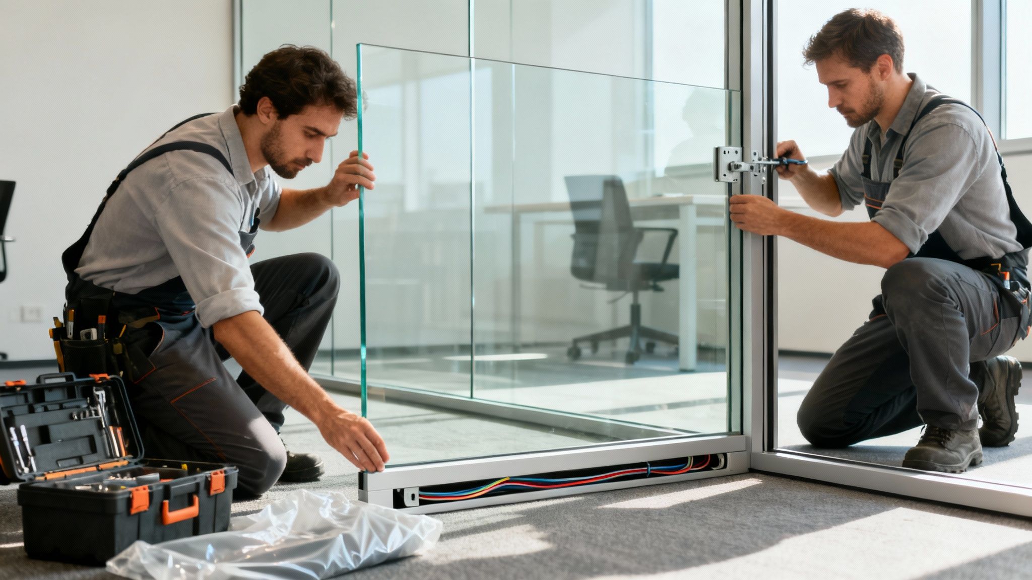 Two professional installers fitting a glass partition wall for an office, ensuring a perfect and secure installation.