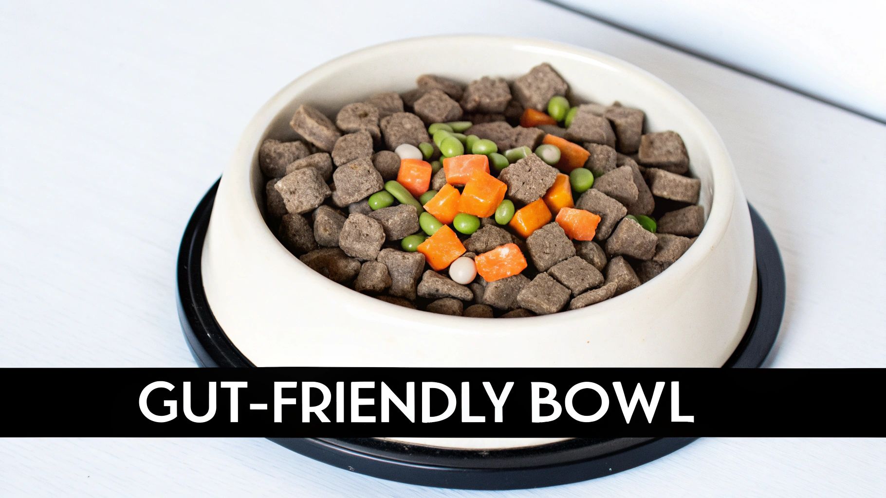 Close-up of a gut-friendly dog bowl with kibble, diced carrots, green peas, and white treats on a white surface.