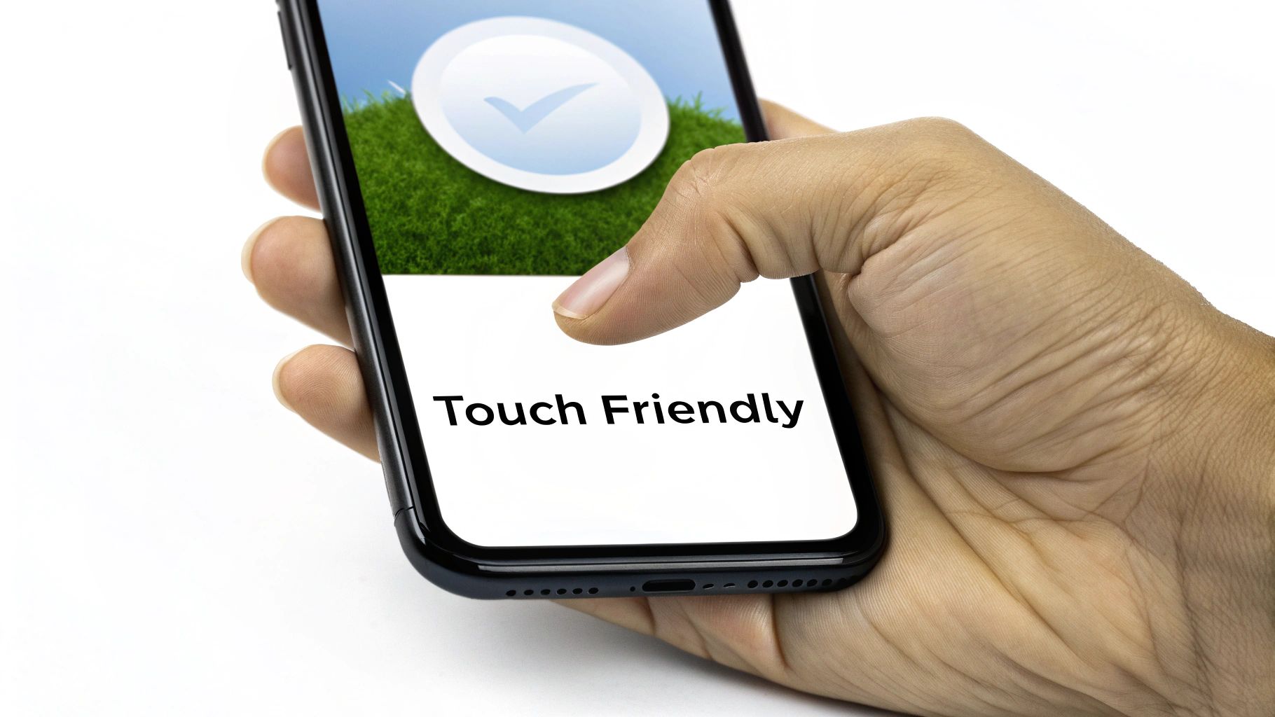 A hand holds a modern smartphone displaying "Touch Friendly" text and a checkmark icon, illustrating responsive web design best practices.