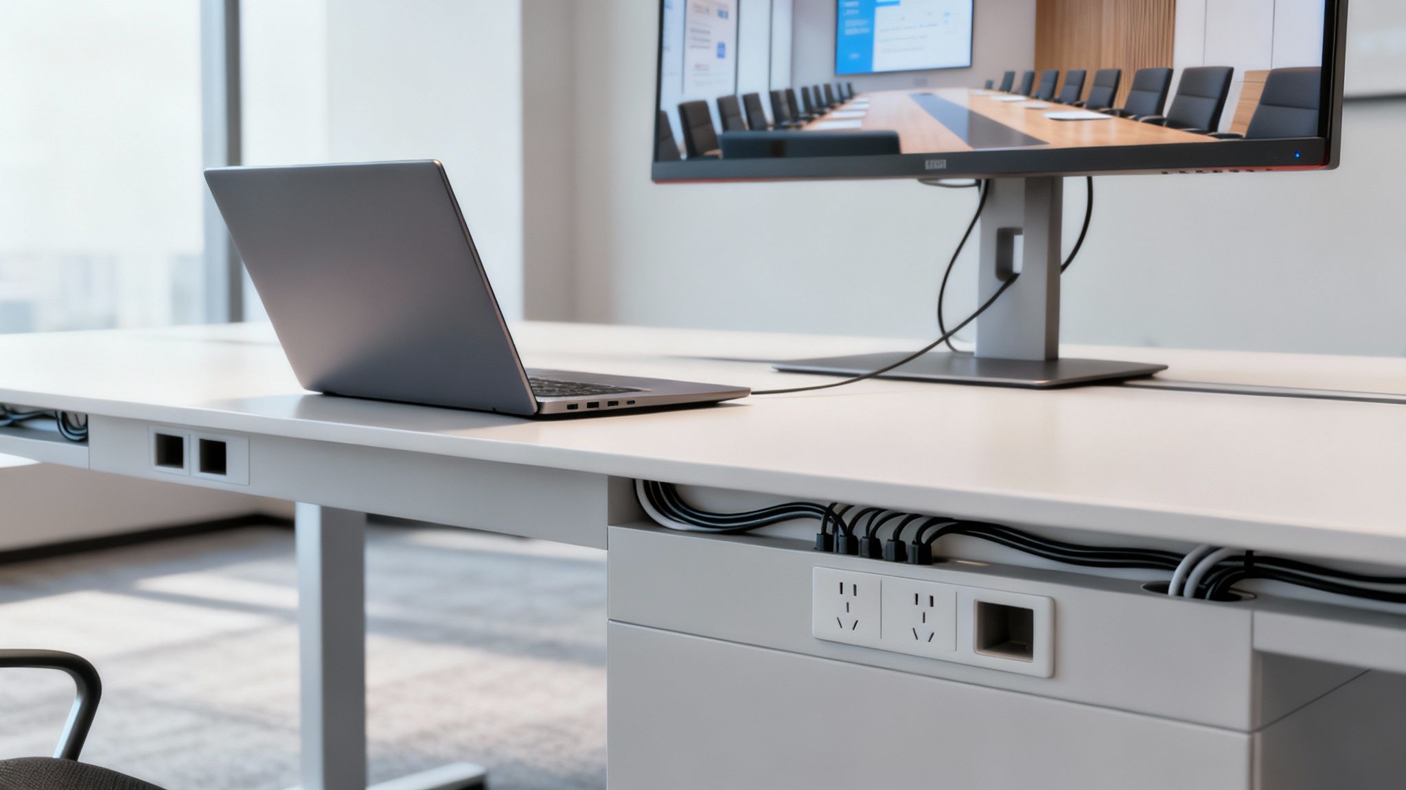A modern, organized office desk with a laptop, monitor, and integrated power outlets, featuring excellent cable management.