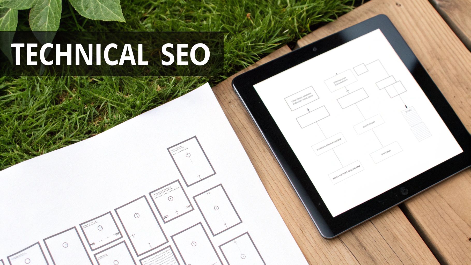 A tablet and paper showing flowcharts and design elements, highlighting a new site seo checklist technical SEO strategy on grass and wood.