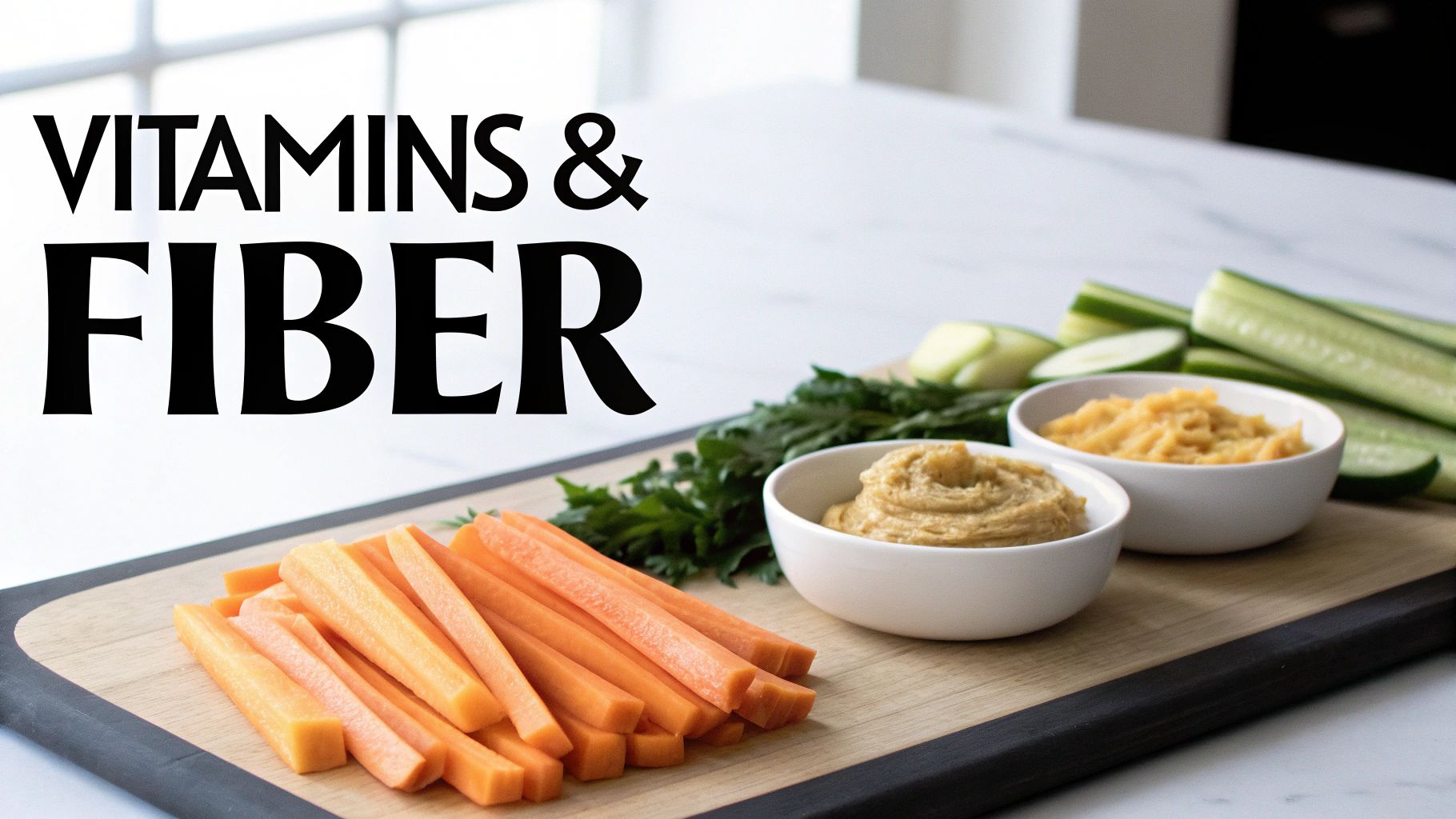 A healthy snack of carrot and cucumber sticks with two bowls of hummus, labeled 'Vitamins & Fiber'.