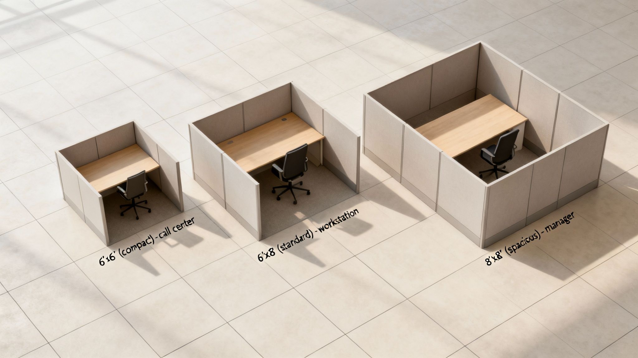 Three office cubicles showcasing different standard dimensions for call center, workstation, and manager roles.
