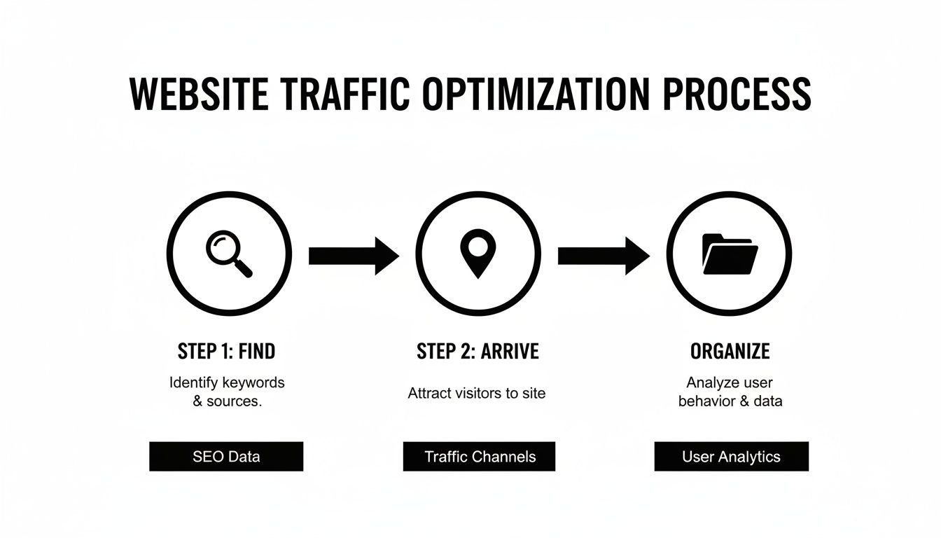 Diagram of website traffic optimization process: Find keywords, attract visitors, and analyze user behavior to track website traffic.