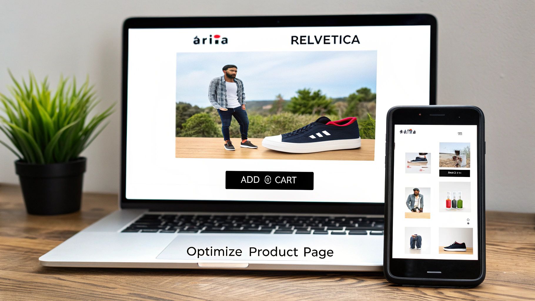 A laptop and smartphone display an e-commerce product page for sneakers, showing how to increase ecommerce conversion rate.