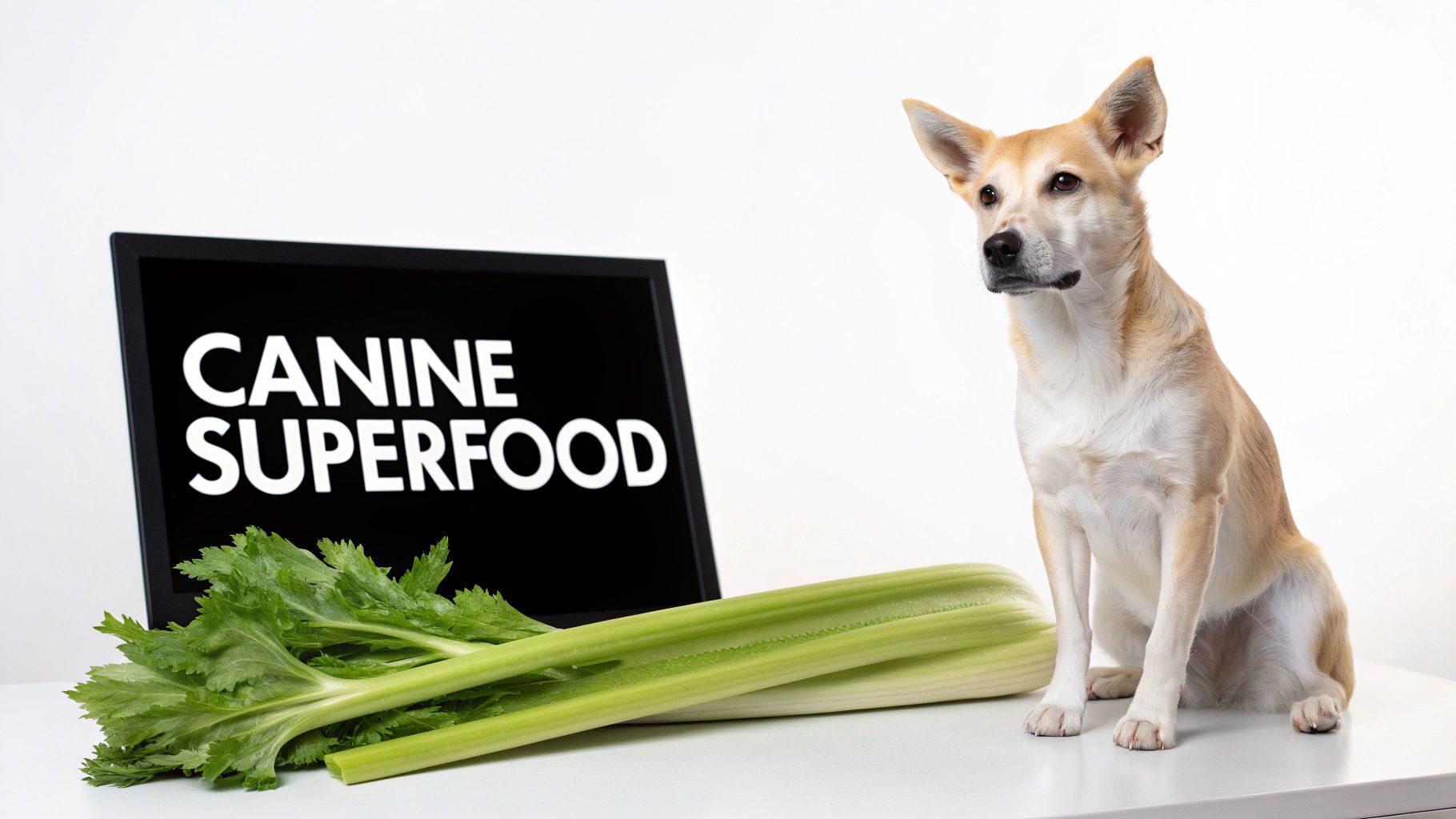 A light brown and white dog sitting beside fresh green celery and a screen displaying 'CANINE SUPERFOOD'.