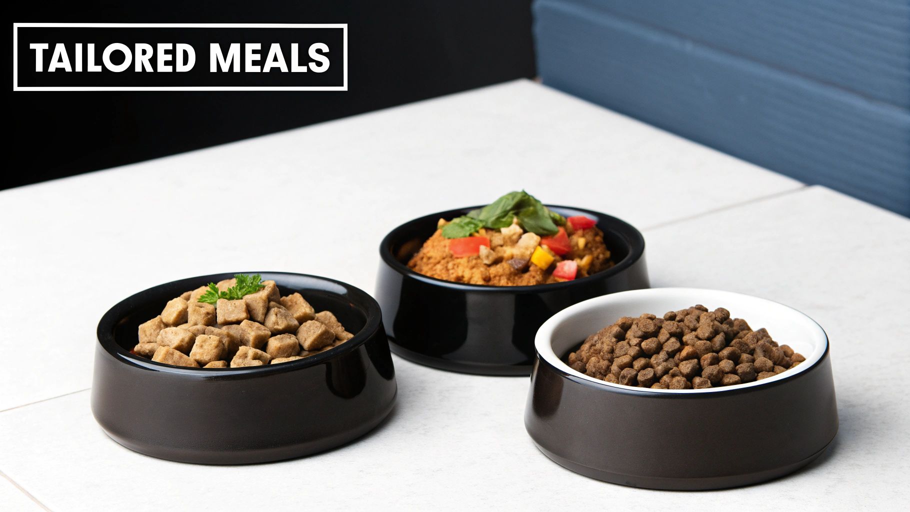 Three black and white bowls displaying different tailored pet meals: wet food with vegetables, dry kibble, and meat chunks.