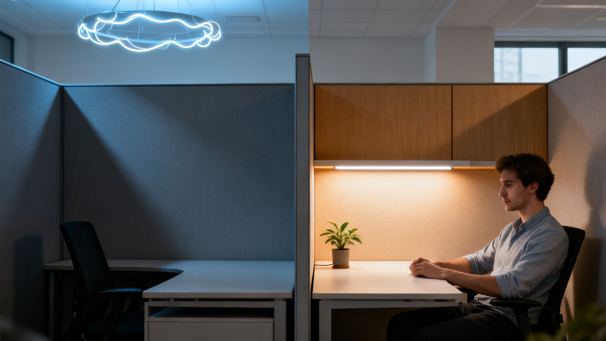 Contrasting office cubicles: one with cool blue light, another with warm light and a man working at his desk.