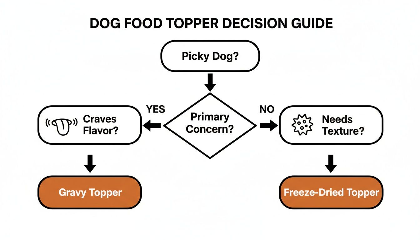 A decision guide flowchart helps owners choose dog food toppers for picky eaters, focusing on flavor or texture.