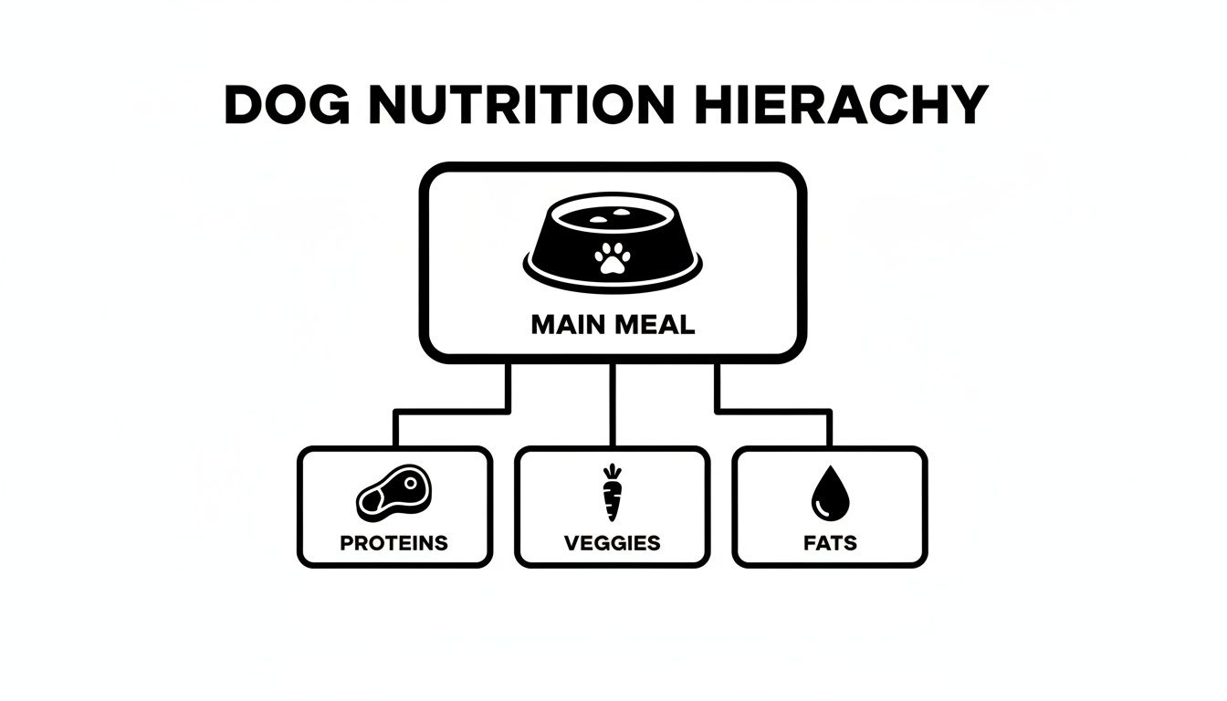 A dog nutrition hierarchy diagram showing main meal composed of proteins, veggies, and fats.