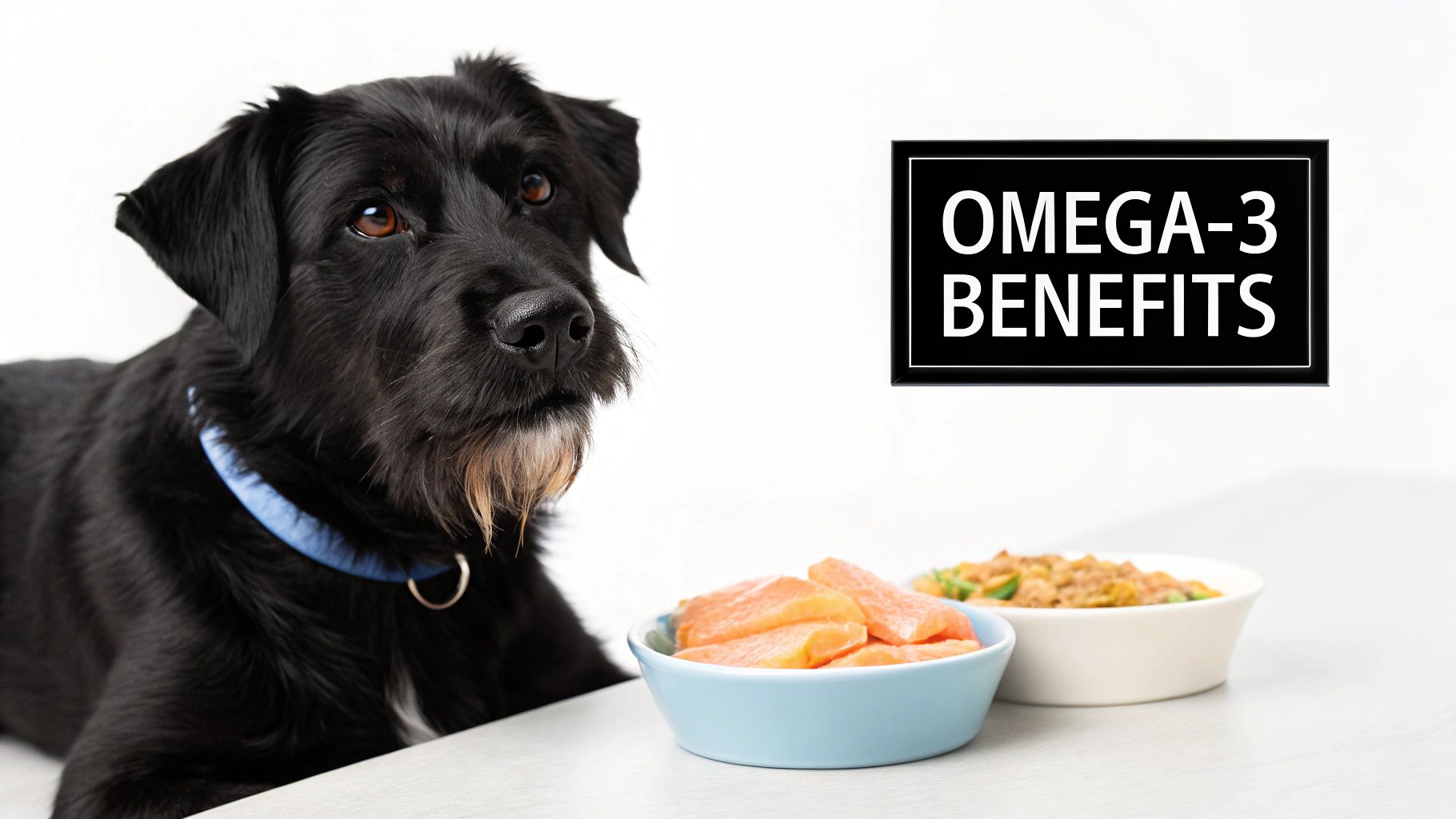 A black dog observes salmon and other dog food, with a sign promoting 'OMEGA-3 BENEFITS'.