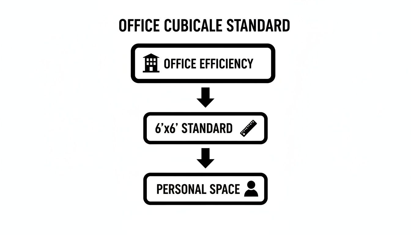 Flowchart detailing office cubicle standards, showing efficiency, the 6x6 standard, and personal space considerations.