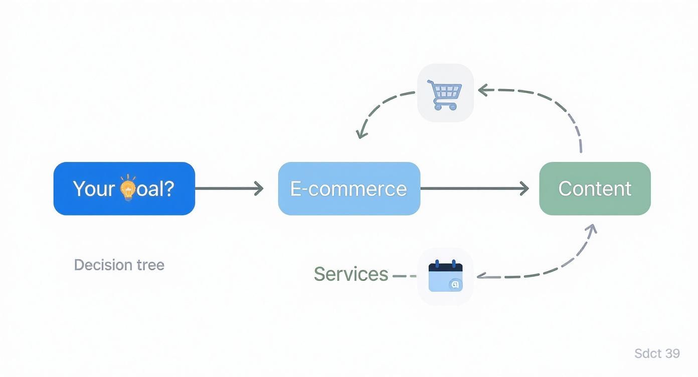 An infographic for an email marketing platforms comparison, showing different business types and their ideal features.