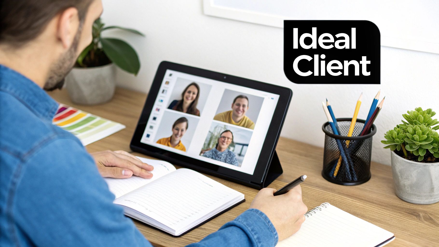 A man takes notes during an online video conference on a tablet, with an 'Ideal Client' logo representing digital marketing for coaches' client profiles.