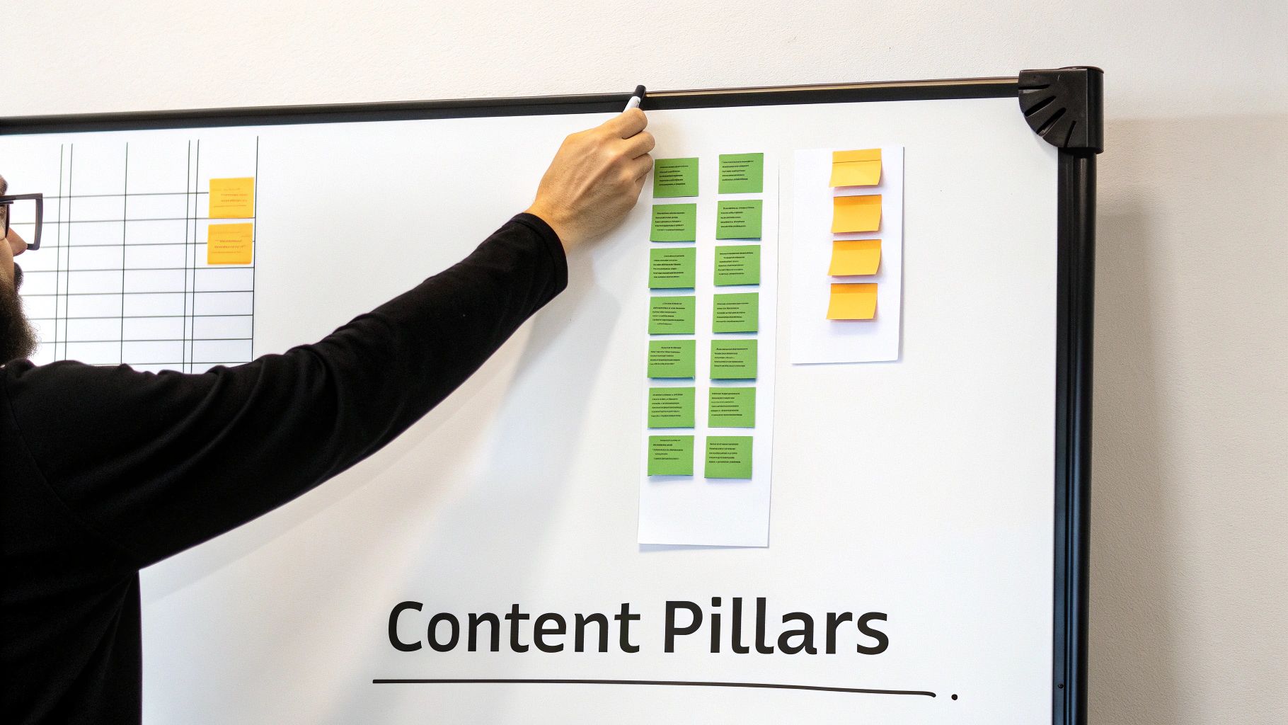 Hand with a marker on a whiteboard displaying a content strategy, a key part of how to create an editorial calendar.