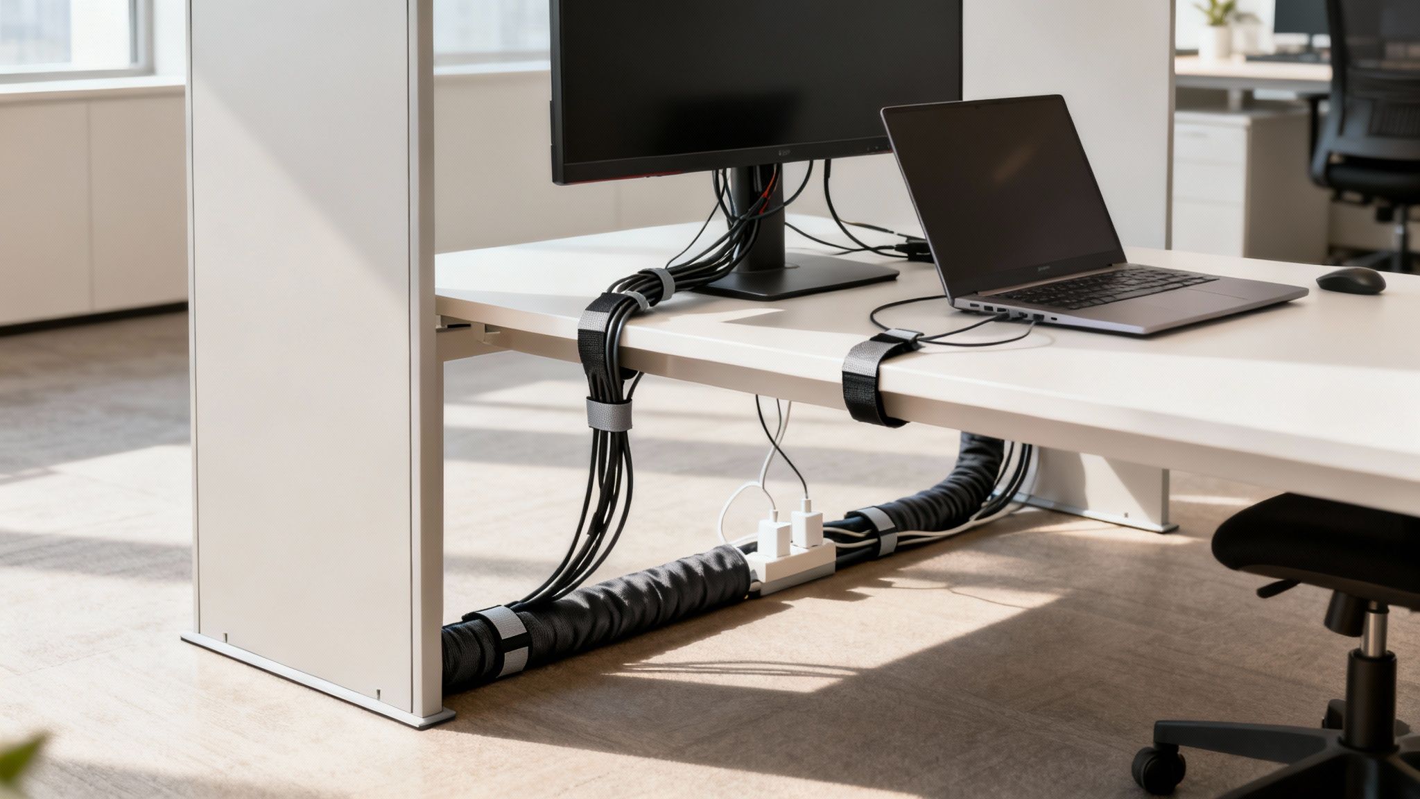 An organized office desk with a laptop, monitor, and neatly managed cables using wraps and an under desk power strip.