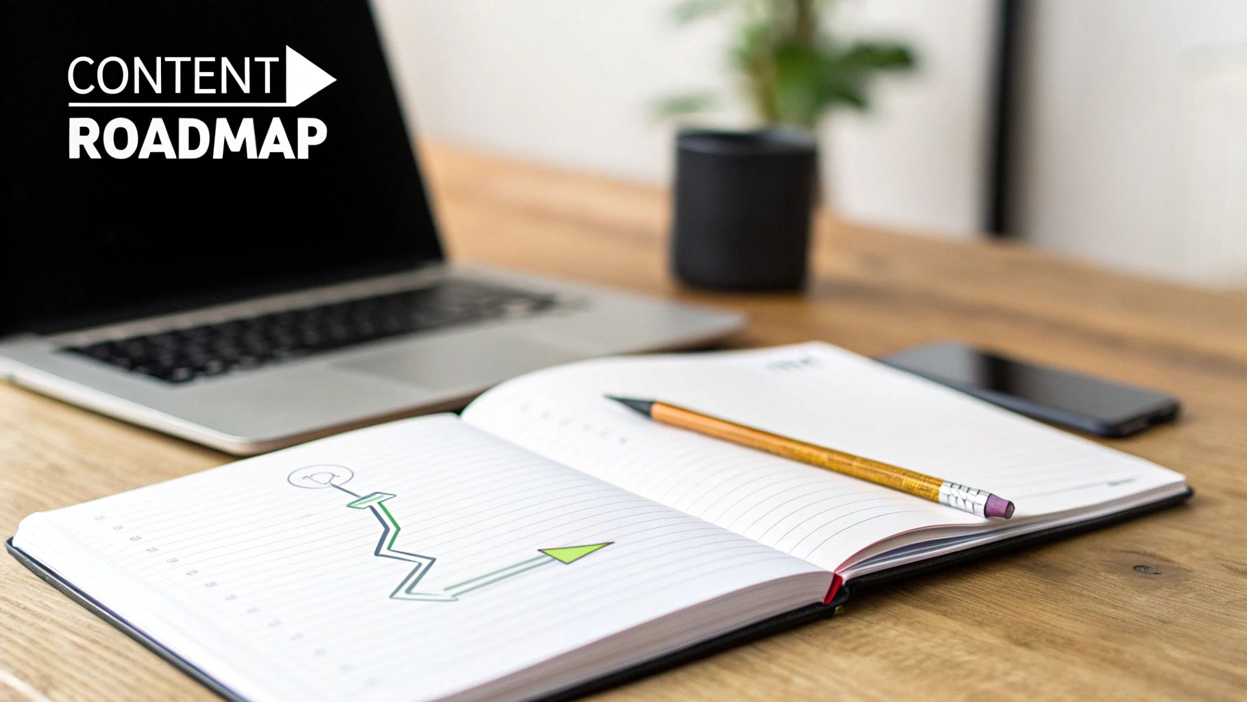 A laptop displaying 'CONTENT ROADMAP' next to an open notebook with a growth chart and a pencil, showing the ROI of a content marketing strategy.