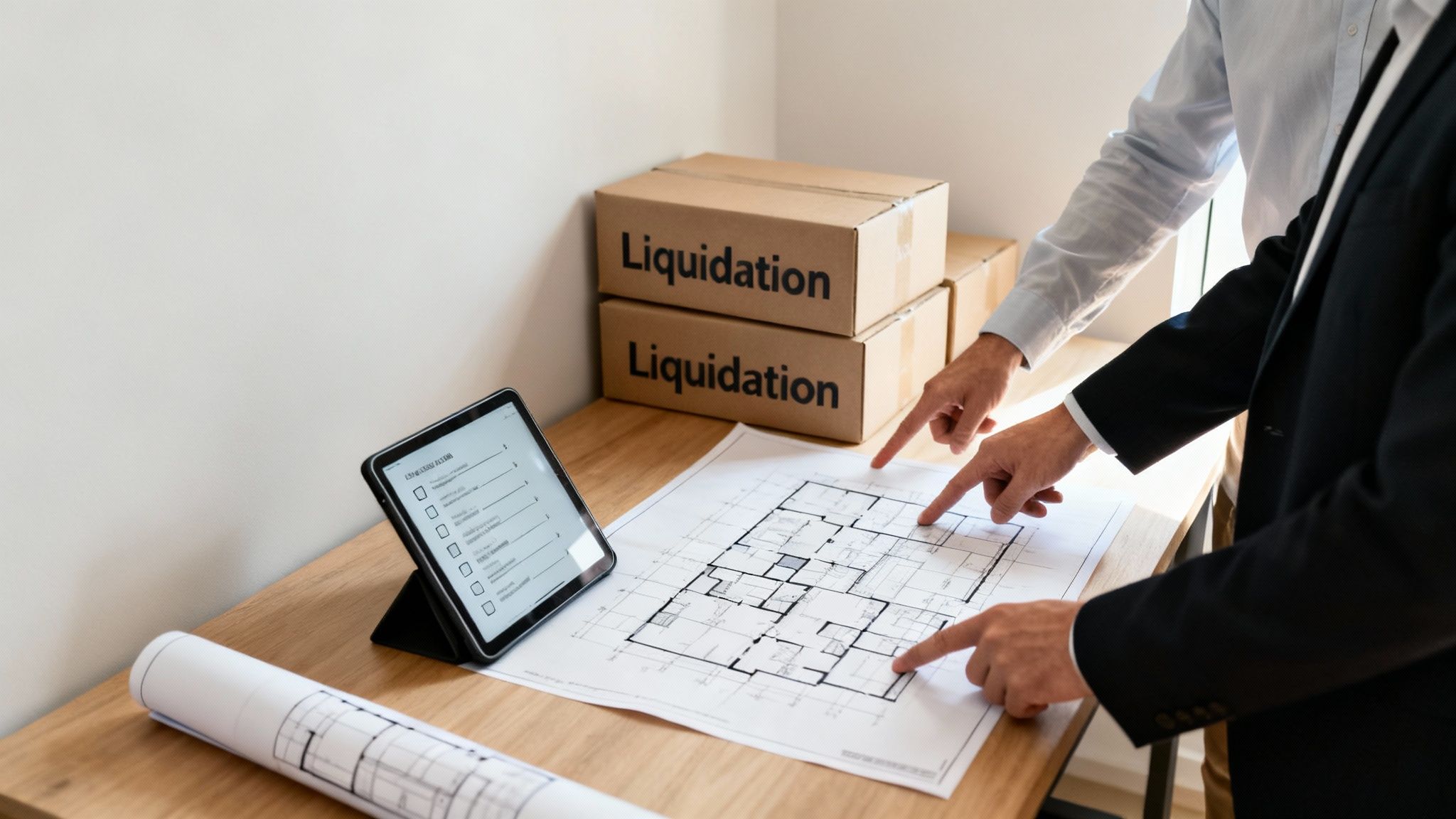 Two men pointing at blueprints, planning an office furniture liquidation with boxes and a tablet.