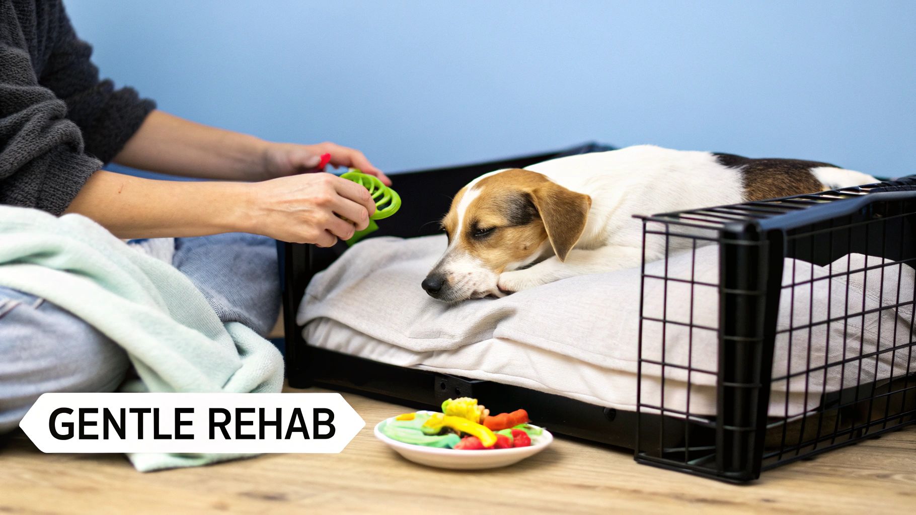 A person gently offers a green toy to a resting dog in a comfortable crate during rehabilitation.