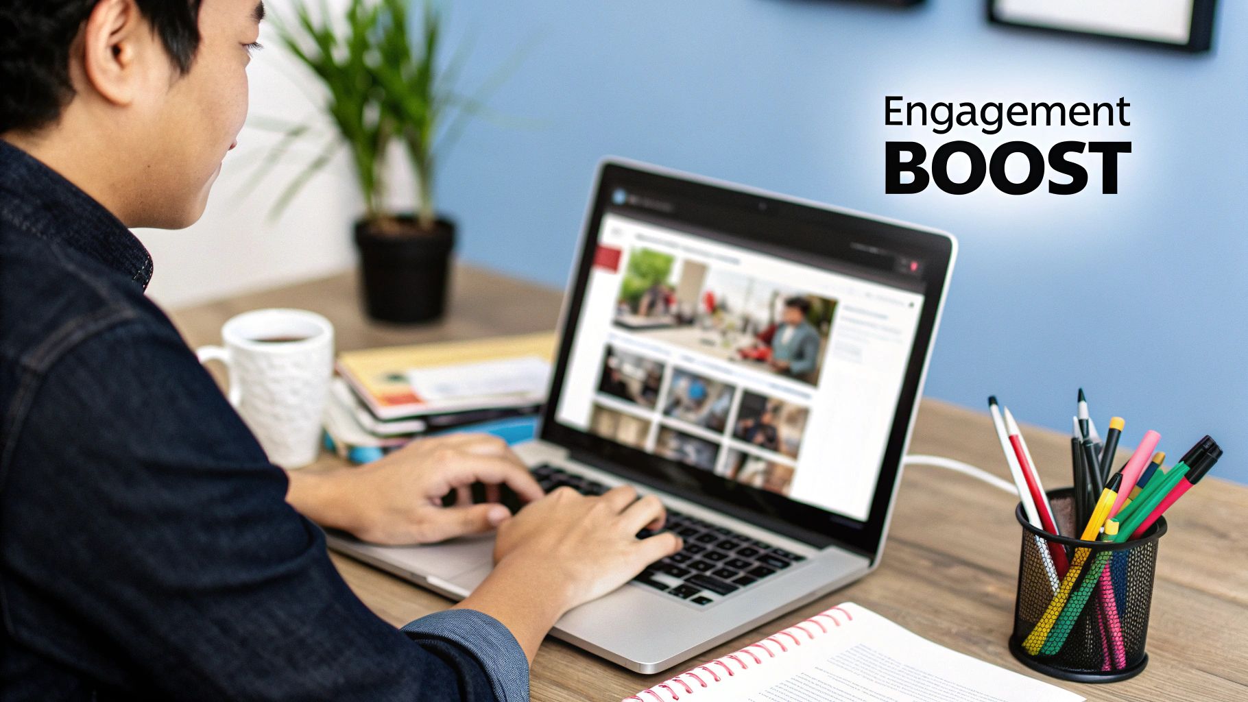 A business owner uploading photos to their Google Business Profile on a laptop to optimize it