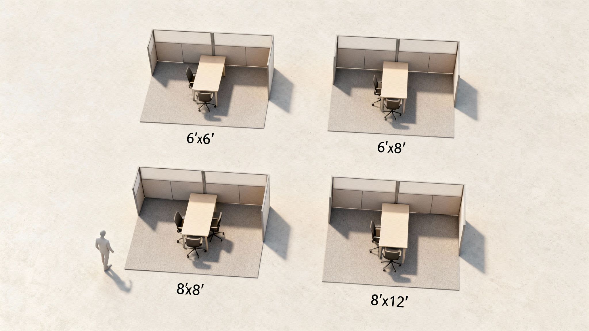 Overhead view of four distinct office cubicles, showcasing various size standards with desks and chairs.