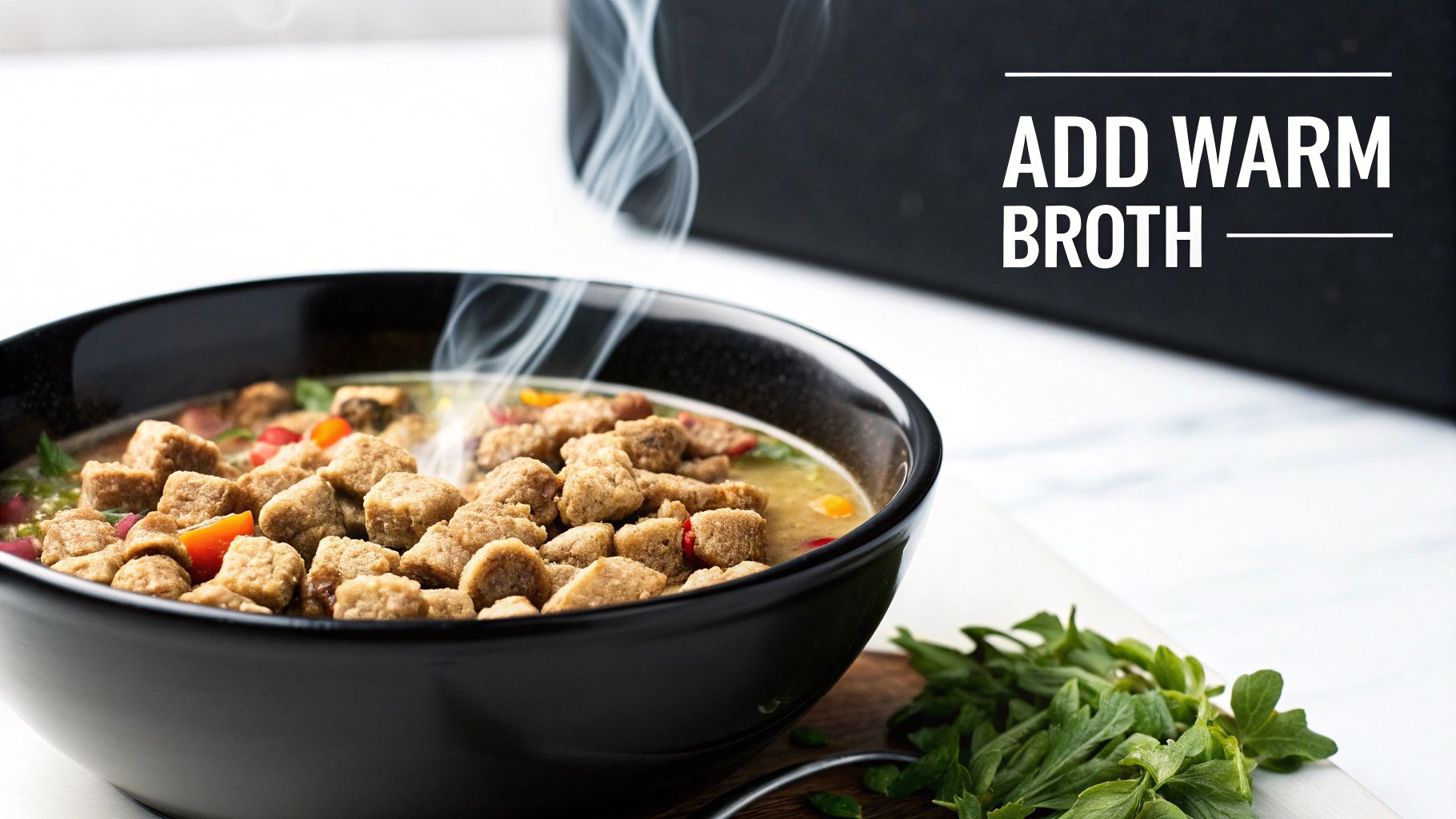 A person pouring warm water into a bowl of dry dog food.