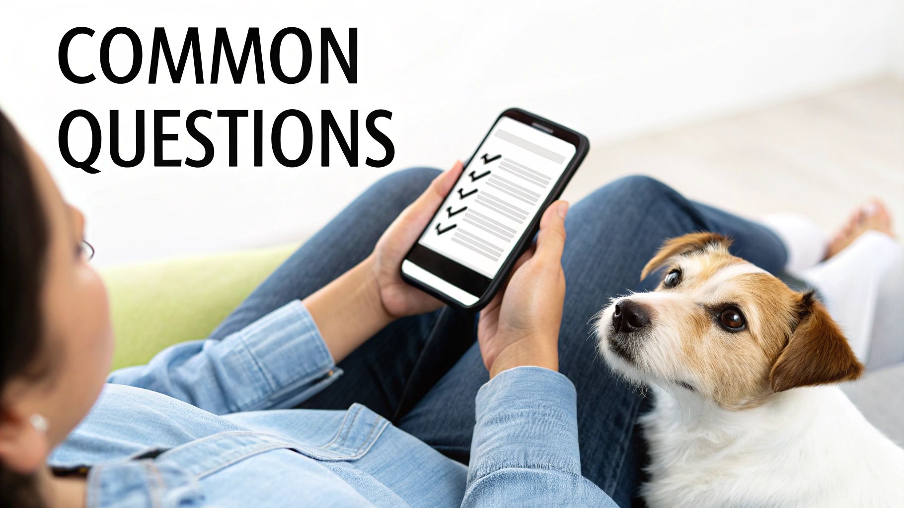 A person holds a smartphone displaying a checklist, with a dog looking up at them. Text reads "COMMON QUESTIONS".