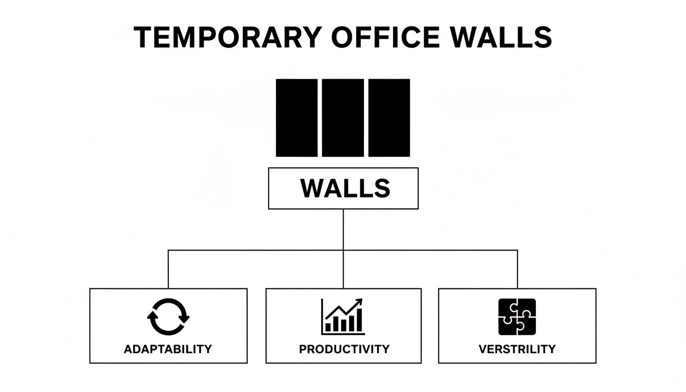 Diagram showing the adaptability, productivity, and versatility benefits of temporary office walls with relevant icons.