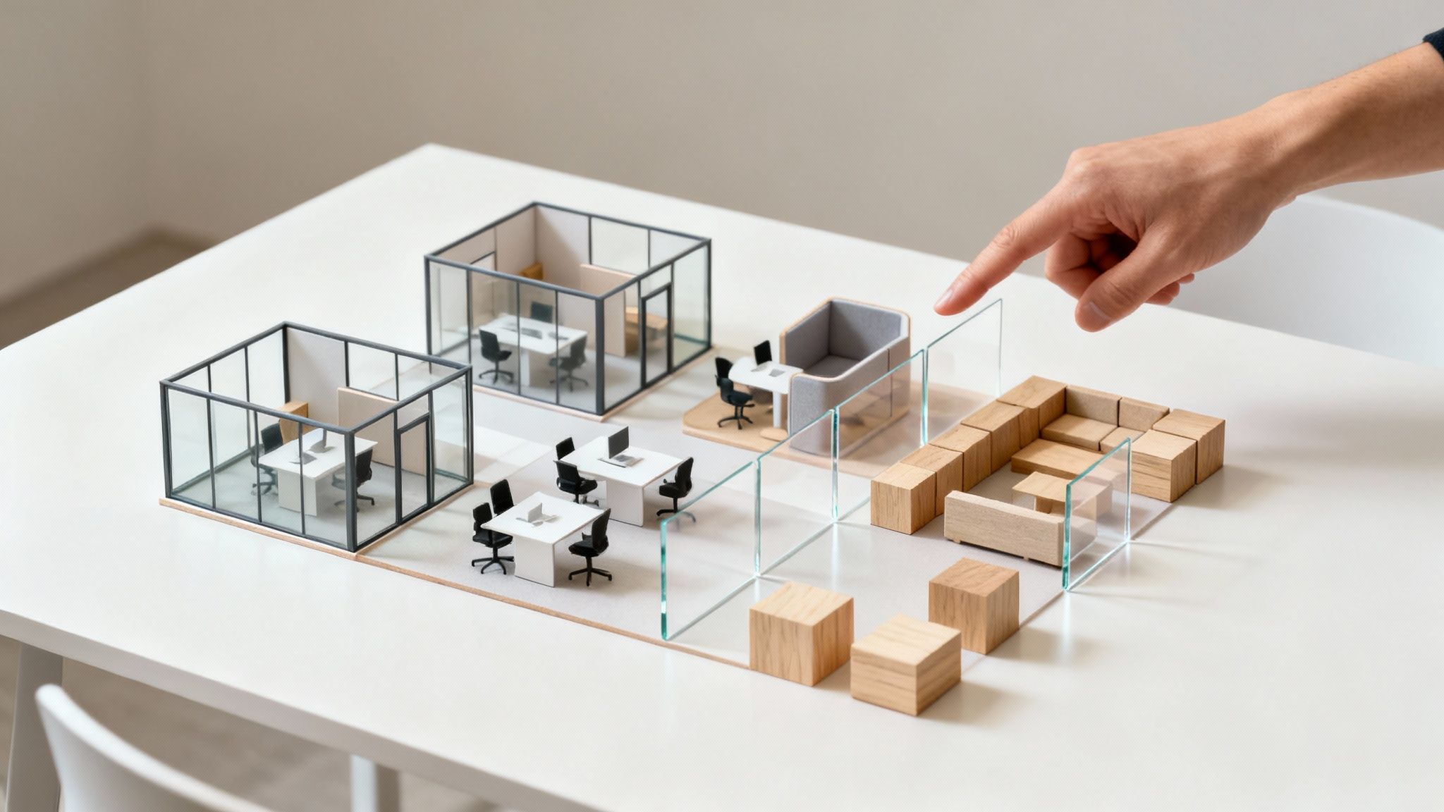 A modern hybrid office with distinct zones for collaborative work and quiet focus, a key element in today's office space planning and design.