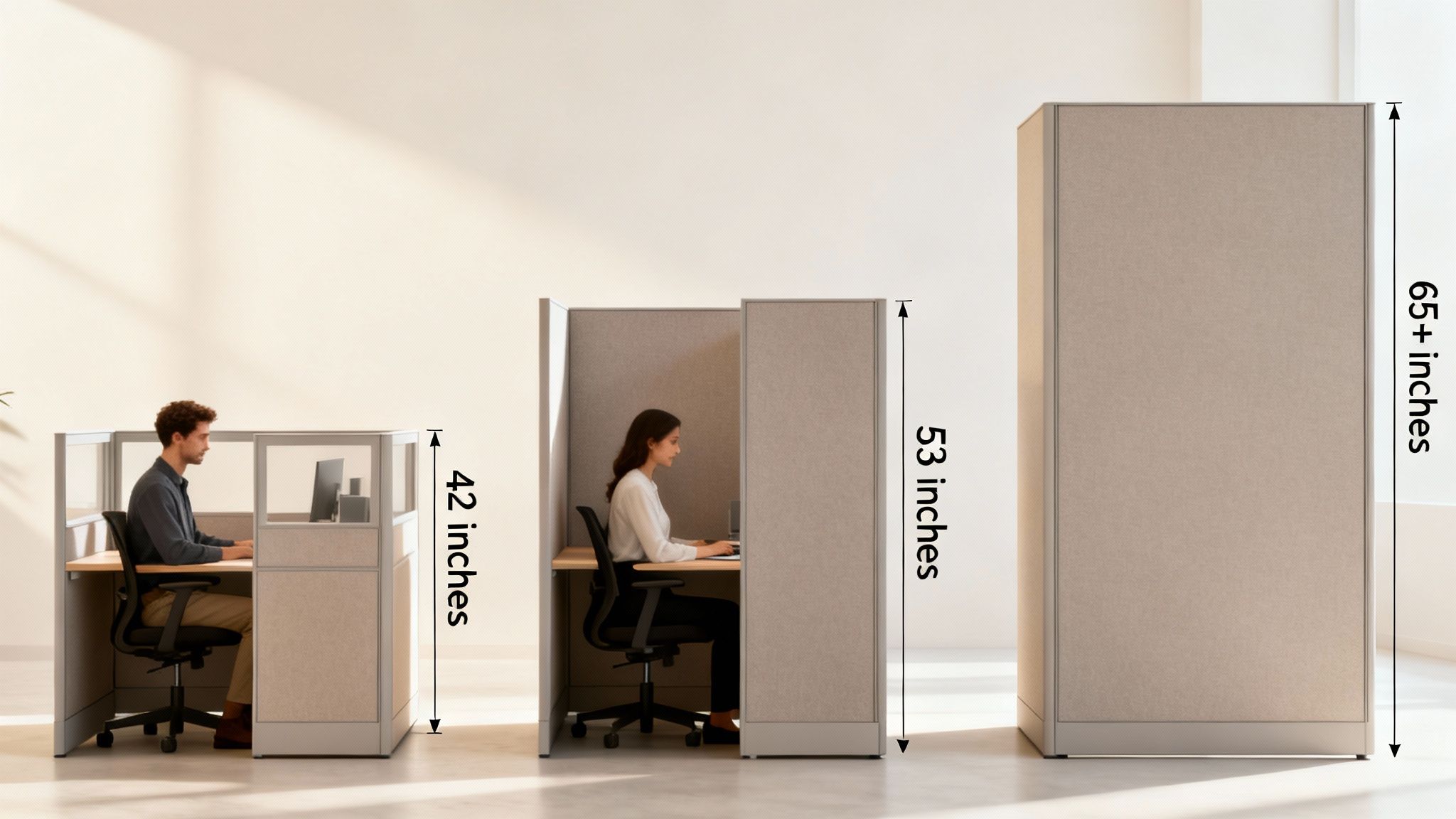 Workers in an office with cubicles of varying panel heights: 42 inches for collaboration, 53 inches for seated privacy, and 65+ inches for full privacy.