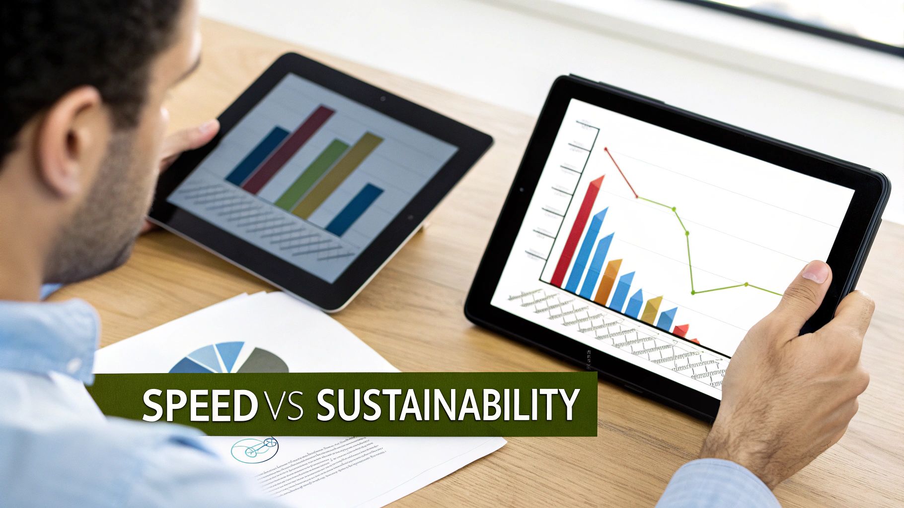 Business professionals analyze paid search and organic search performance data on digital tablets, highlighting speed and sustainability.
