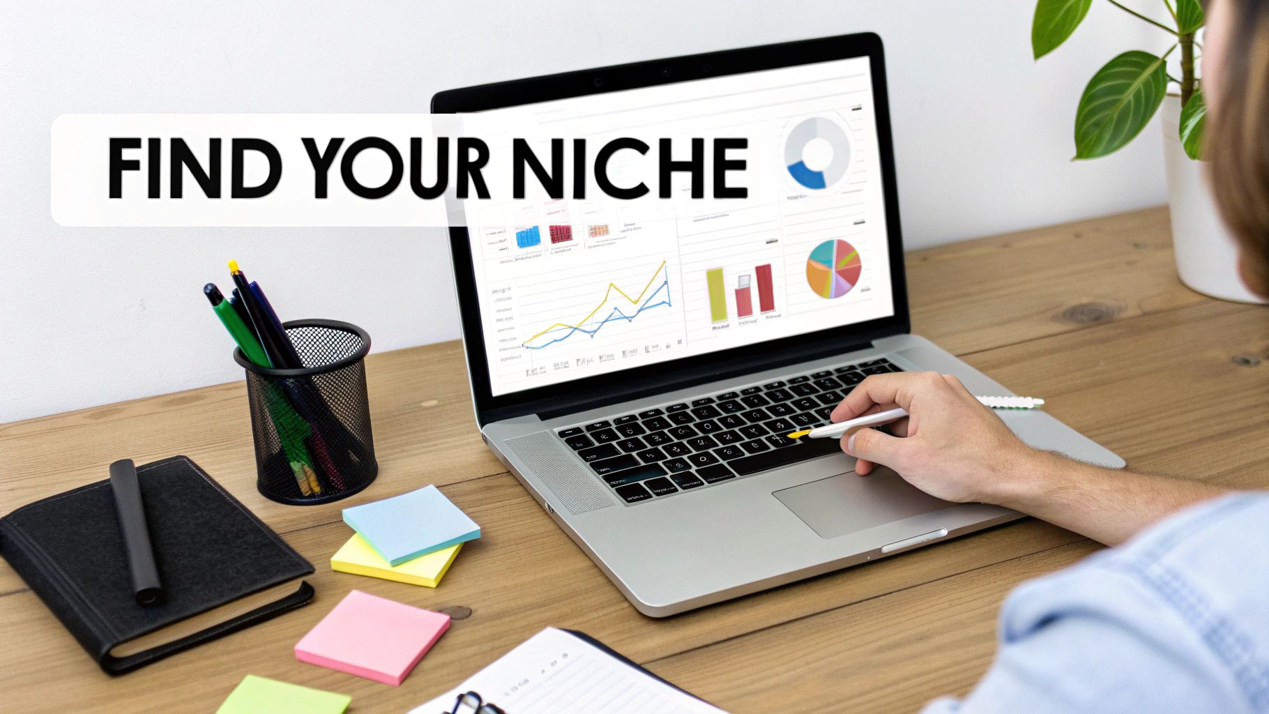 Person researching how to start an ecommerce business by analyzing niche selection charts on a laptop