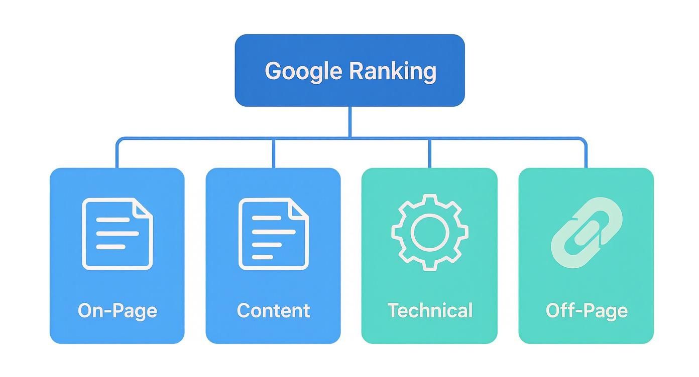 An educational infographic showing four pillars on how to improve my google ranking: Content, On-Page, Technical, and Off-Page SEO.