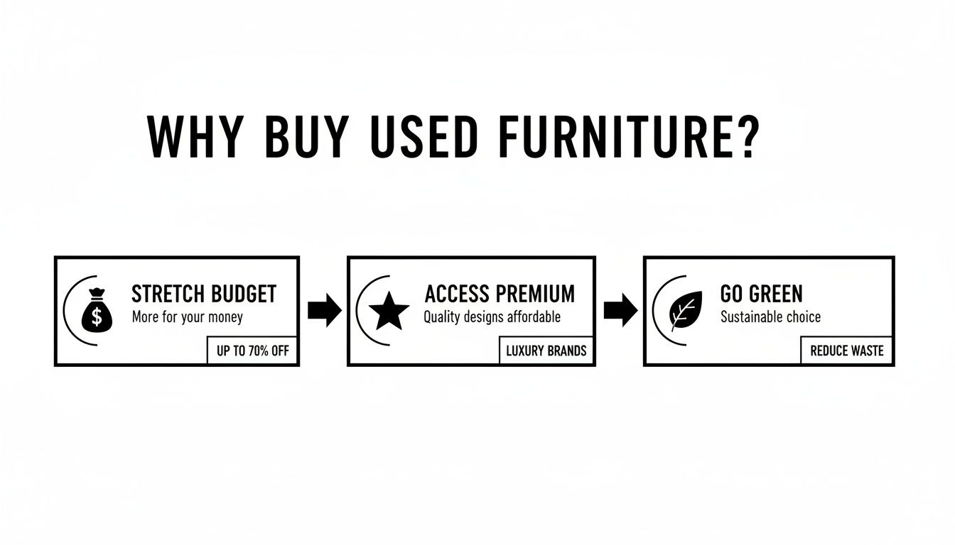 Infographic detailing benefits of buying used furniture: budget savings, premium access, and environmental sustainability.