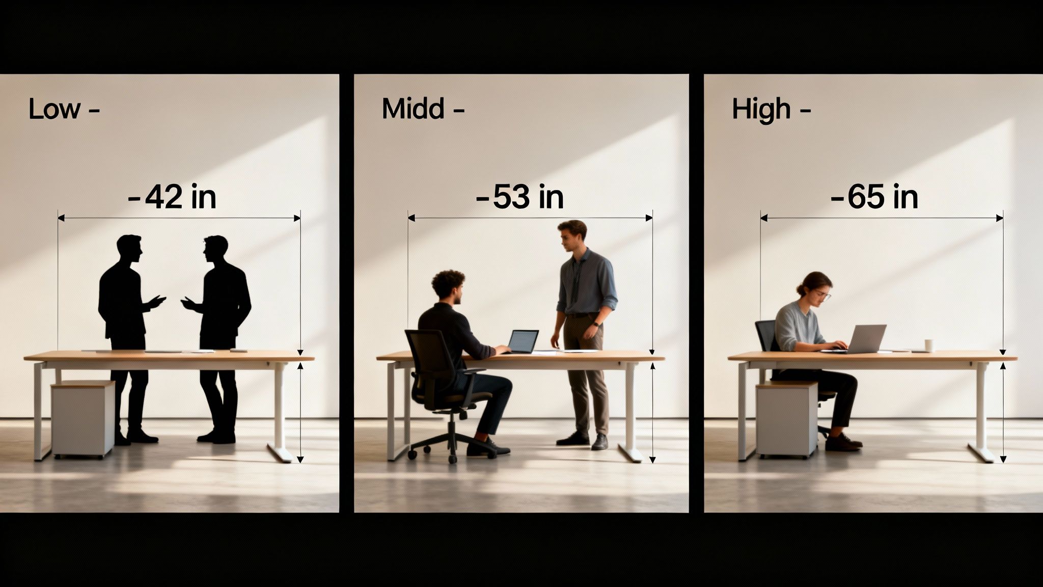 Adjustable standing desks shown at low (42 in), middle (53 in), and high (65 in) heights.