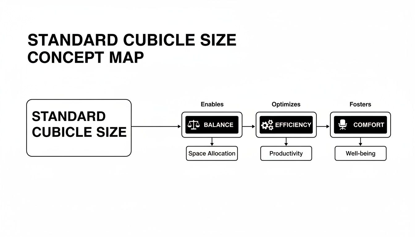 Concept map illustrating how standard cubicle size impacts balance, efficiency, and comfort, influencing space, productivity, and well-being.