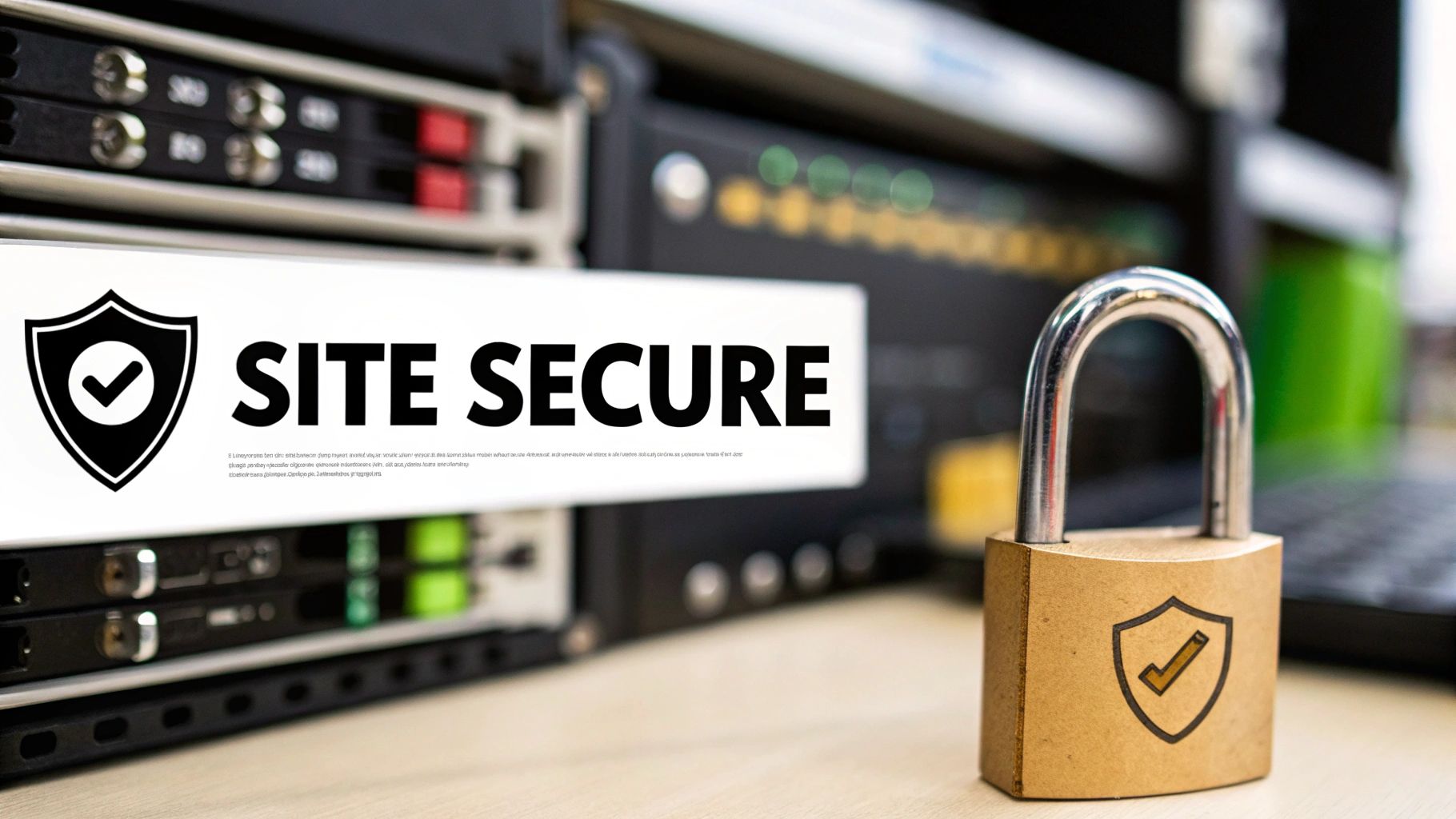 A 'SITE SECURE' sign and a padlock with a checkmark shield, symbolizing website security and data protection found in a web audit checklist.