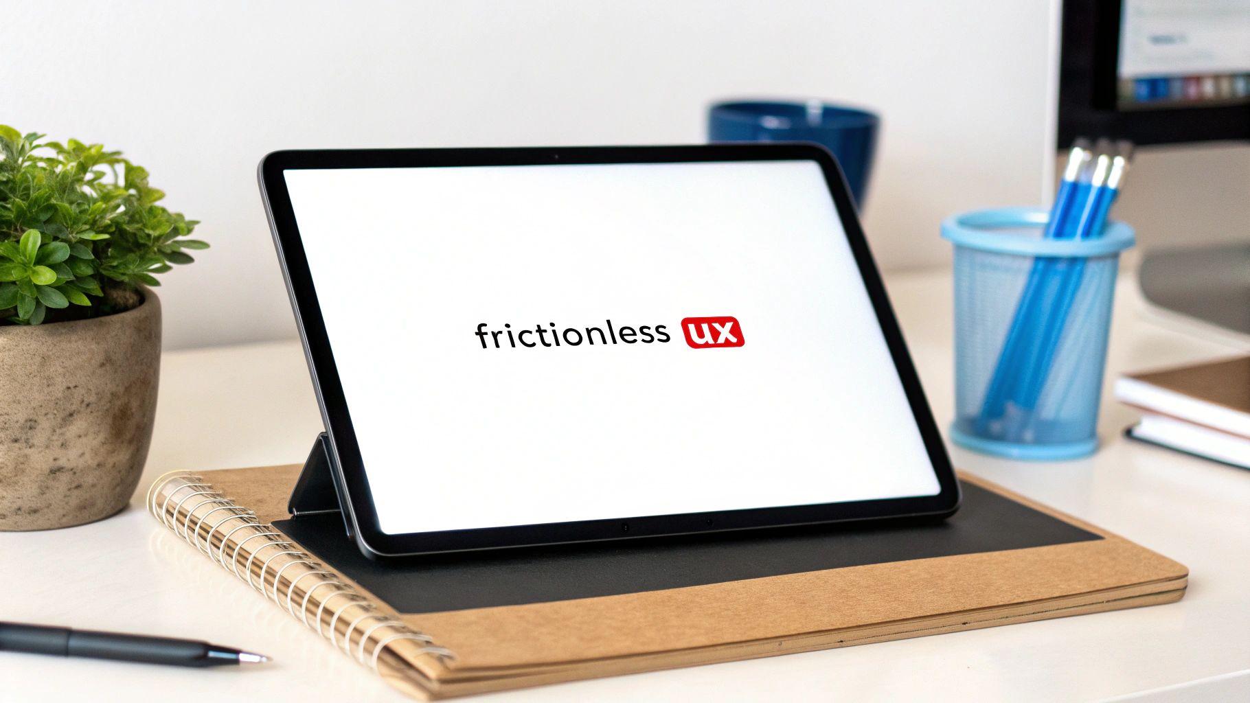 A tablet displaying 'frictionless UX' on a white screen, surrounded by desk items, illustrating landing page optimization.
